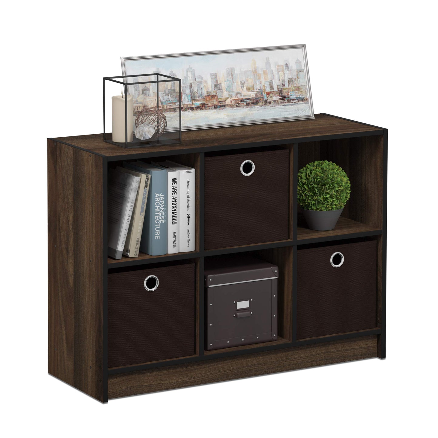 Furinno BASIC Book Shelf, 6-Cube Bookshelf with Open Shelf, 3 x 2 Bookcase with Storage Bins, Closed Back, Horizontal, 11.9 x 31.6 x 23.6, for Living Room, Bedroom, Home Office, Columbia Walnut