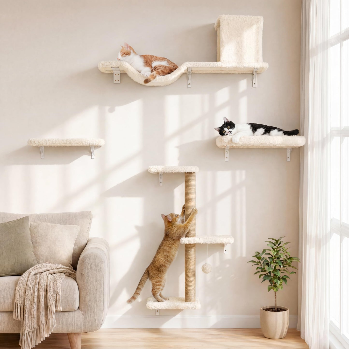 FUKUMARU Cat Wall Shelves, Stable & Safe 4 in 1 Cat Walls Furniture Set, Wooden Kitten Climbing Wall with Scratching Post for 16 Inch Drywall - Beige