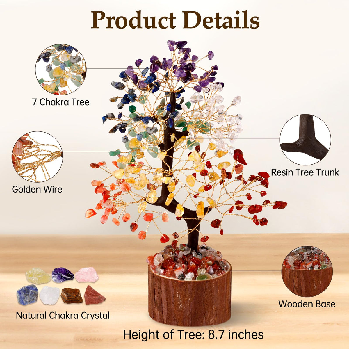 Hazms 7 Chakra Crystal Tree of Life - 8.7 Inches Healing Crystal Tree and 7 Crystals Office and Home Decor Positive Energy Seven Chakra Trees and Healing Stones Spiritual Birthday Gifts for Women
