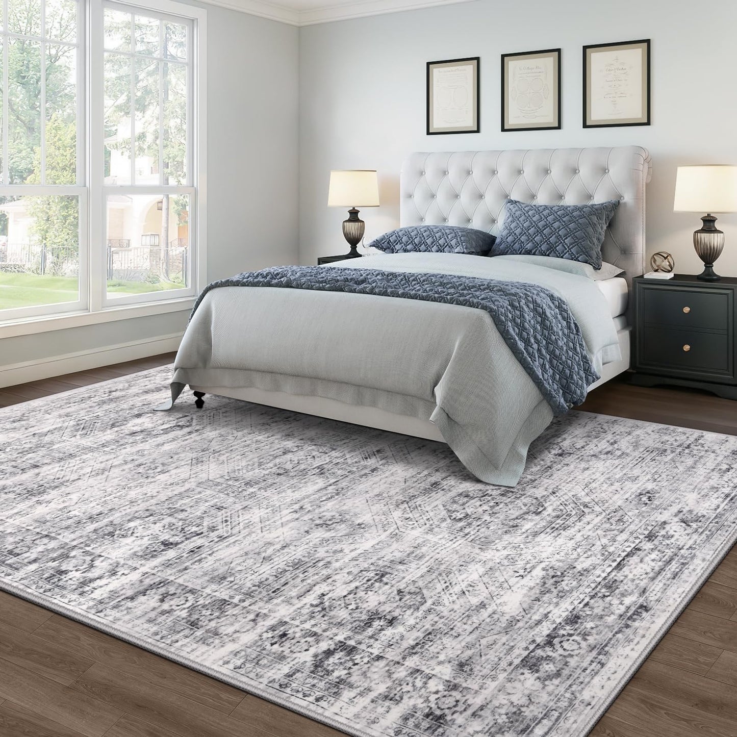 Suconsun 8' x 10' Area Rug, Washable Non-Slip Vintage Low-Pile Faux Wool Carpet, Soft Pet Friendly Farmhouse Rug for Living Room Bedroom Dining Room, Grey