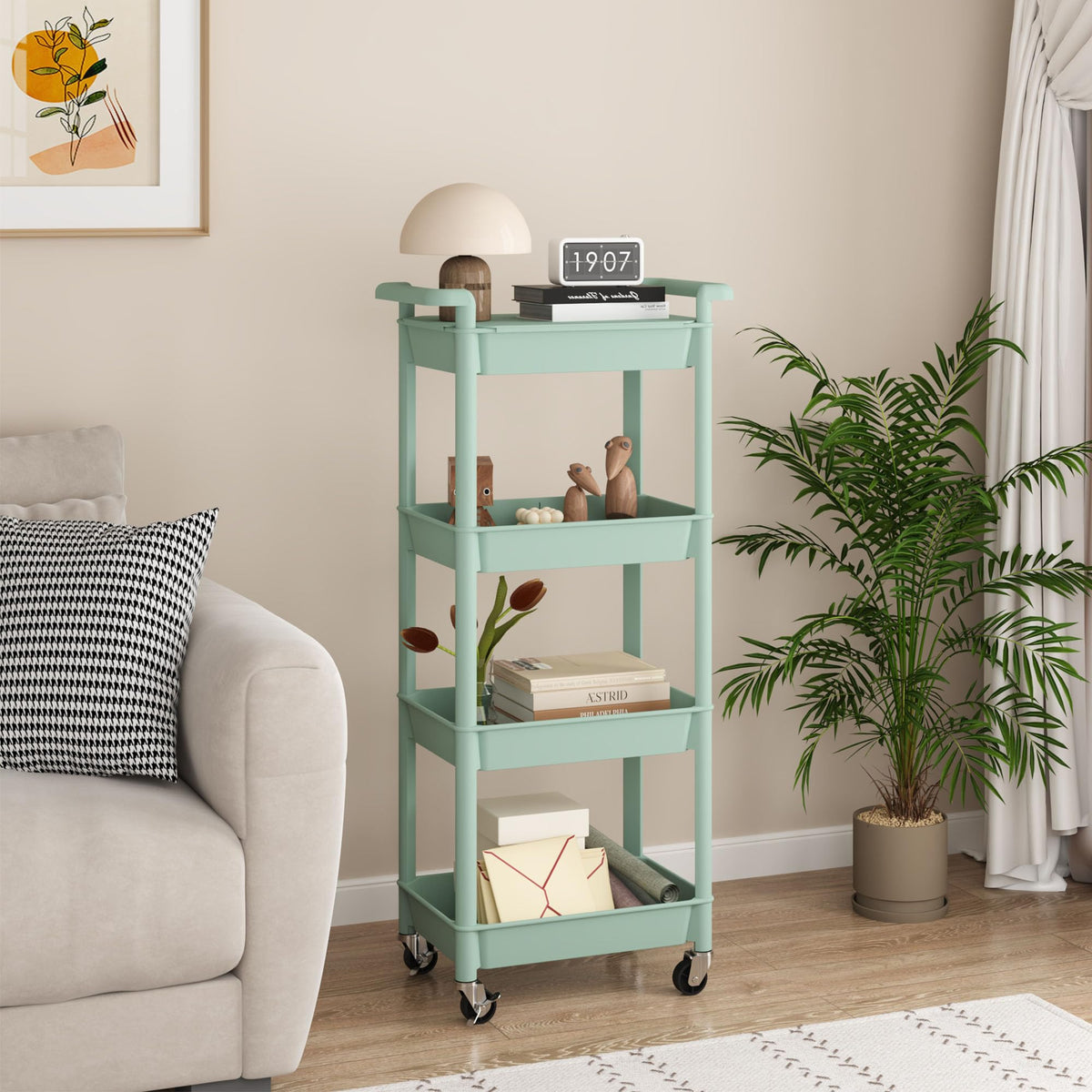 MIOCASA Utility Rolling Cart with Detachable Tray Top, 4-Tier Kitchen Storage Organization, Art Cart with Wheels for Office, Classroom, Livingroom, Kitchen, Bathroom (Green, 4-Tier-Plastic)