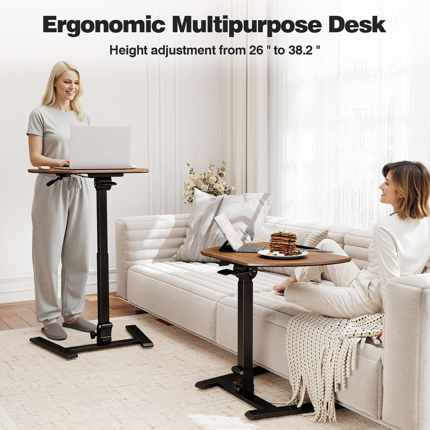ROMOON Folding Portable Standing Desk with Wheels, No-Assembly Rolling Height-Adjustable Sit-Stand Table, Space-Saving Foldable Laptop Cart for Home Office and Computer Workstation (Walnut)