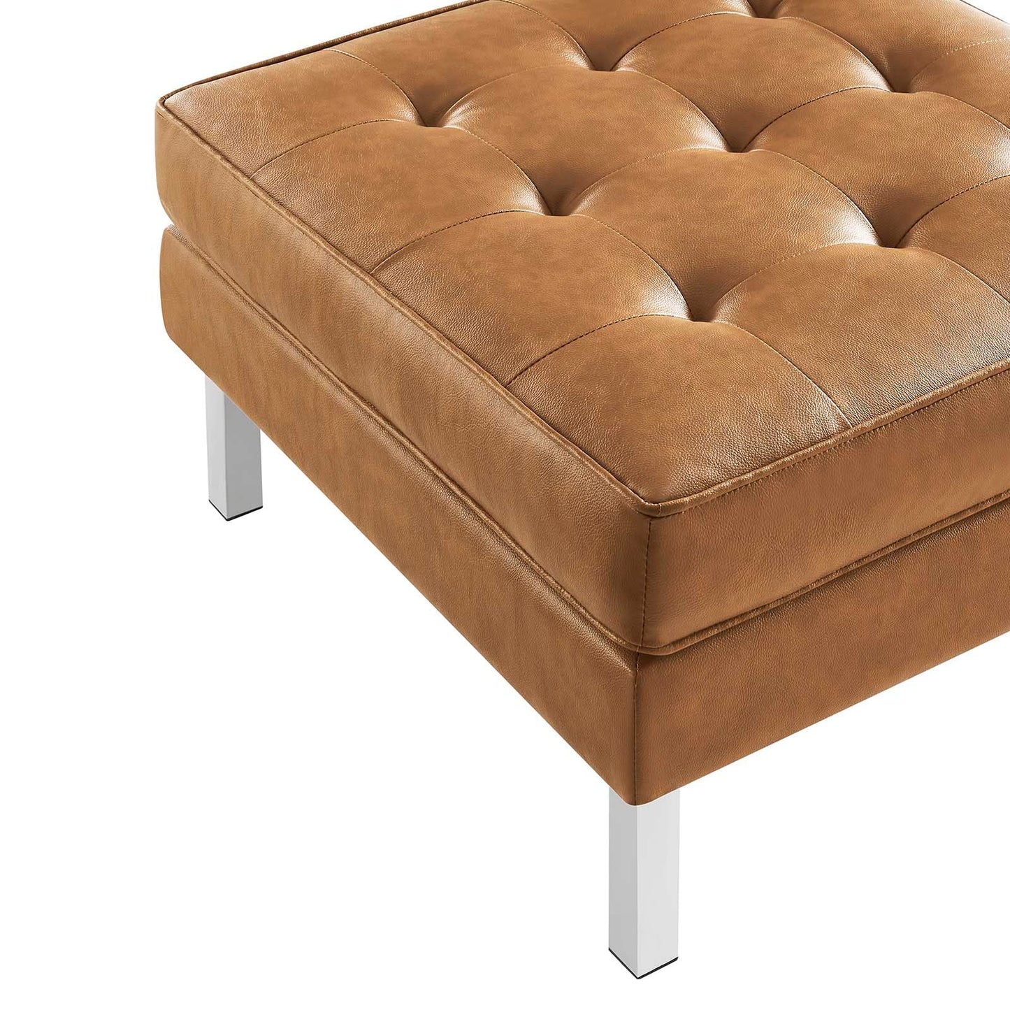 Modway Loft Tufted Button Faux Leather Upholstered Square Ottoman in Silver Tan