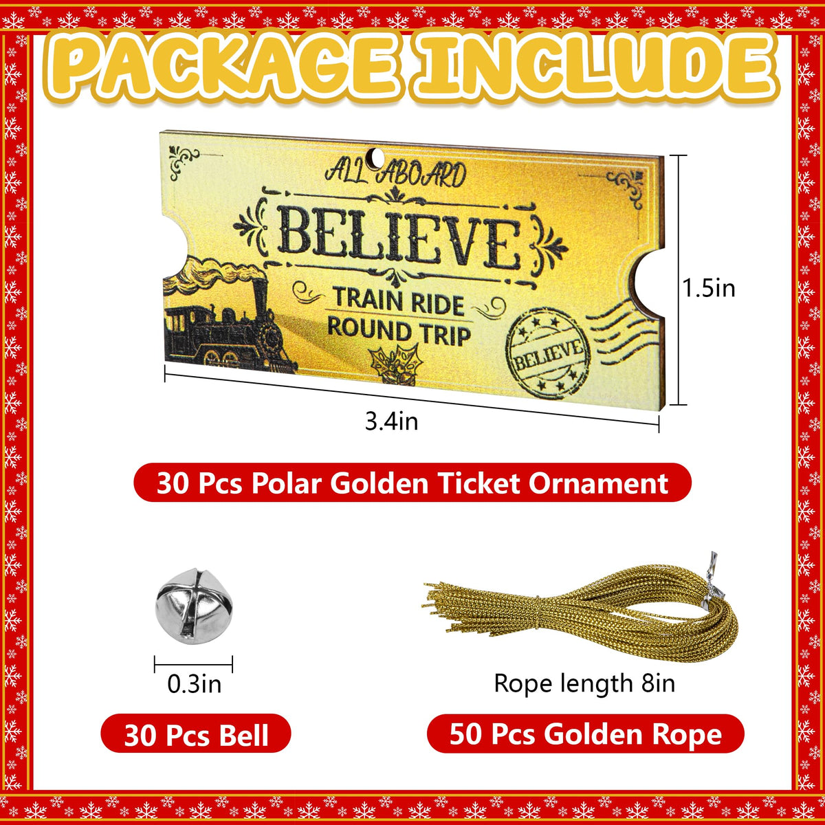 Mizelu 30 Set Christmas Polar Golden Wooden Tickets, North Pole Train Ticket Ornaments with Bells and Ropes, Christmas Believe Train Decoration for Xmas Holiday Party Favor Supplies (Golden)