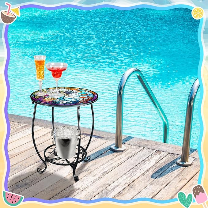 Cinnvoice Outdoor Side Table Round Small Mosaic Patio Accent Indoor End Plant