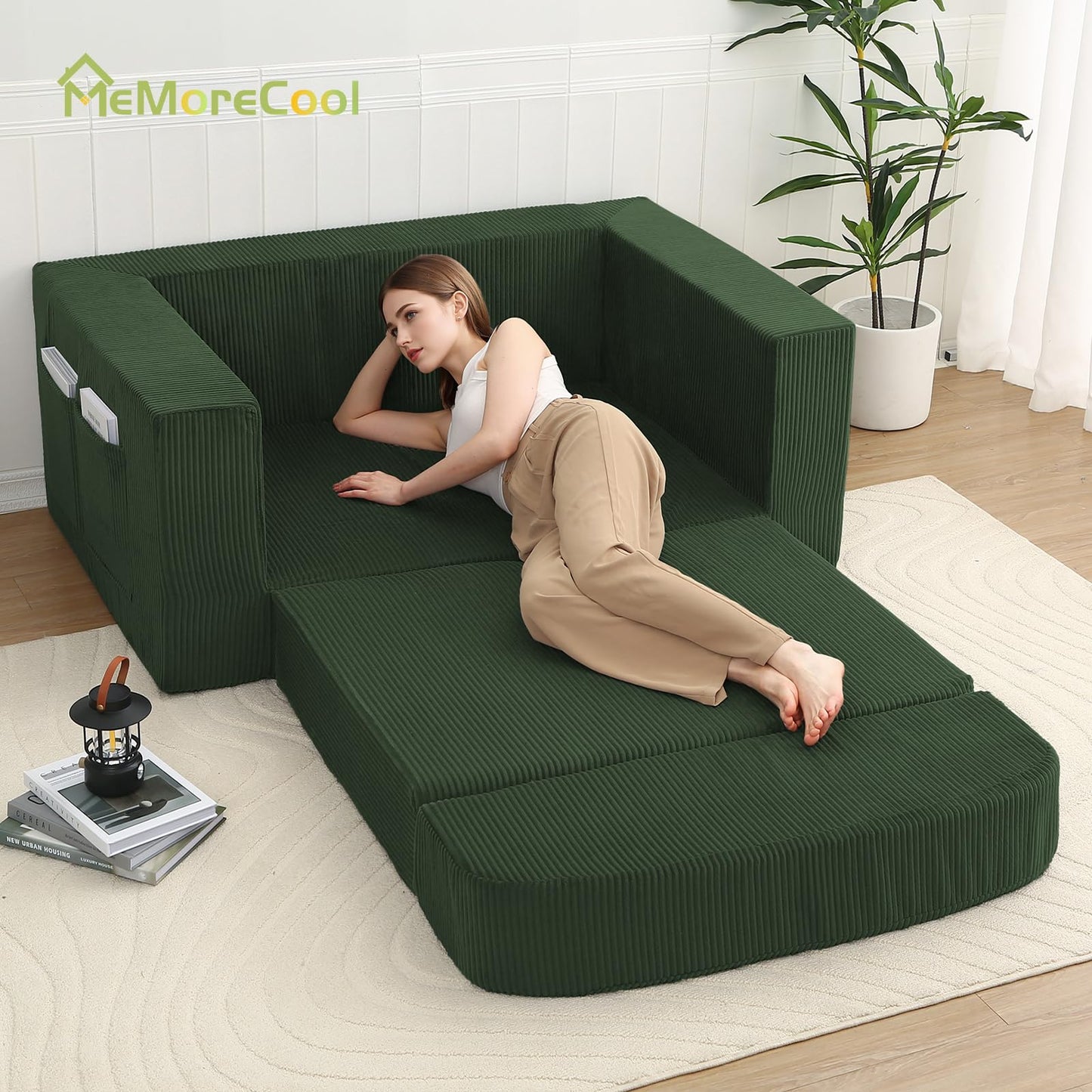 MeMoreCool Green Corduroy Fold-Out Loveseat Sofa Bed – Boneless Convertible Floor Couch with Foam, Compact Sleeper Futon with Washable Cover, No Assembly Required for Small Spaces & Bedroom