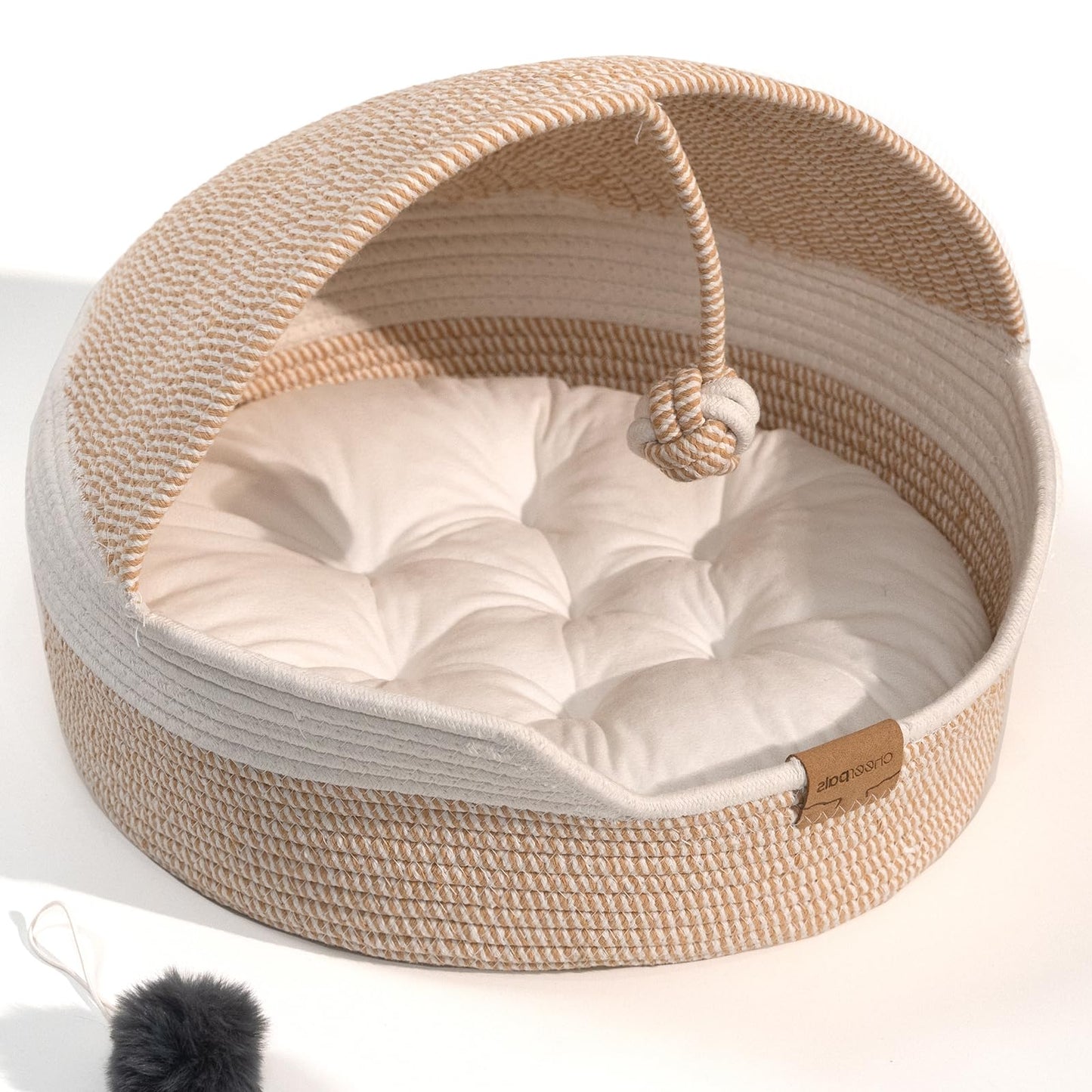 CHEERPALS Cat Basket Bed with Washable Cushion and Ball Rope Cotton, Covered Pet Bed for Indoor Cats Cave Bed Hooded, Stimulicat Cat Bed Handwoven Breathable, All Season Universal(White)