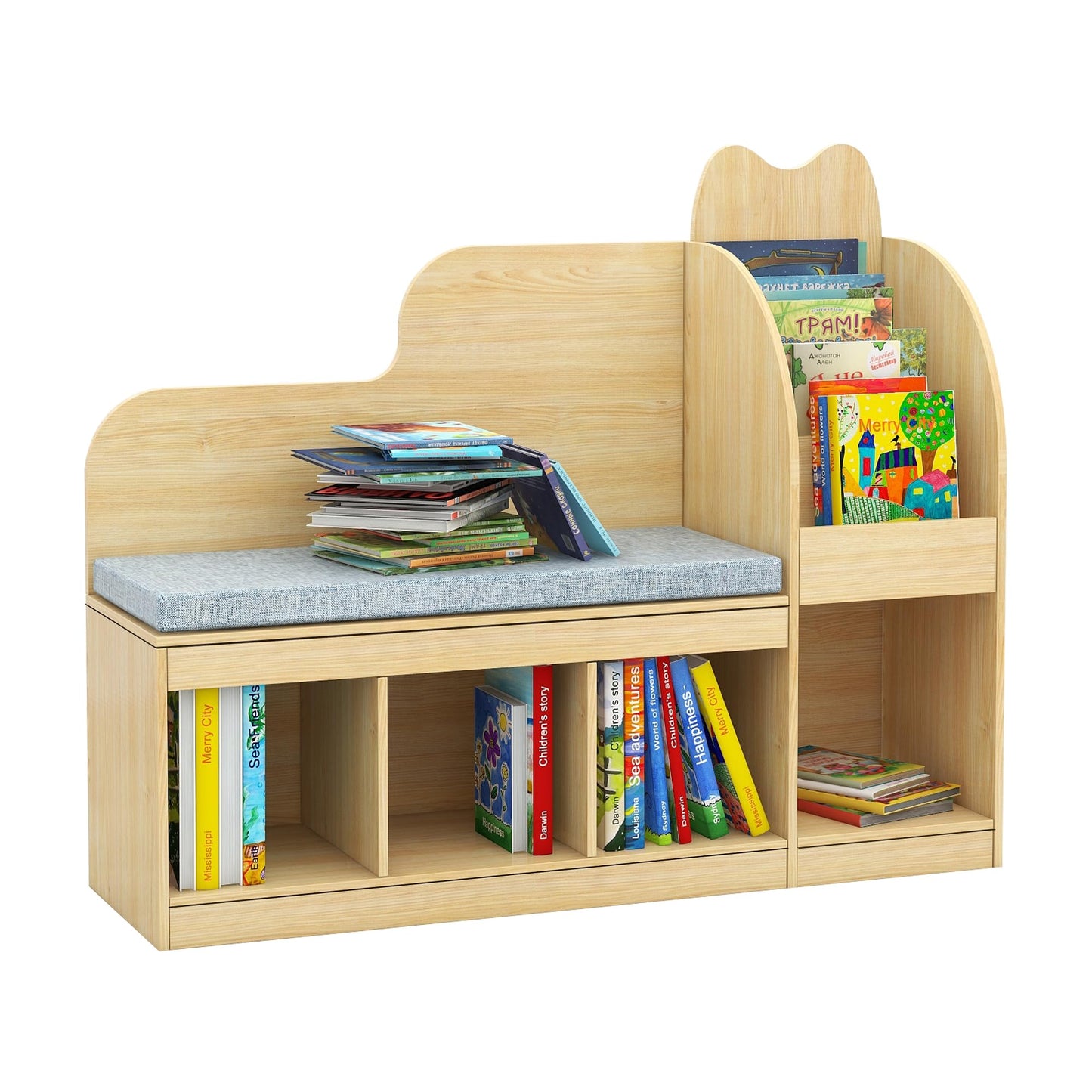 TaoHFE Kids Bench with Bookshelf & Toy Storage, Engineered Wood Toddler Reading Nook with Removable Cushion, Cubby Organizer & Bookcase for Playroom Bedroom Nursery