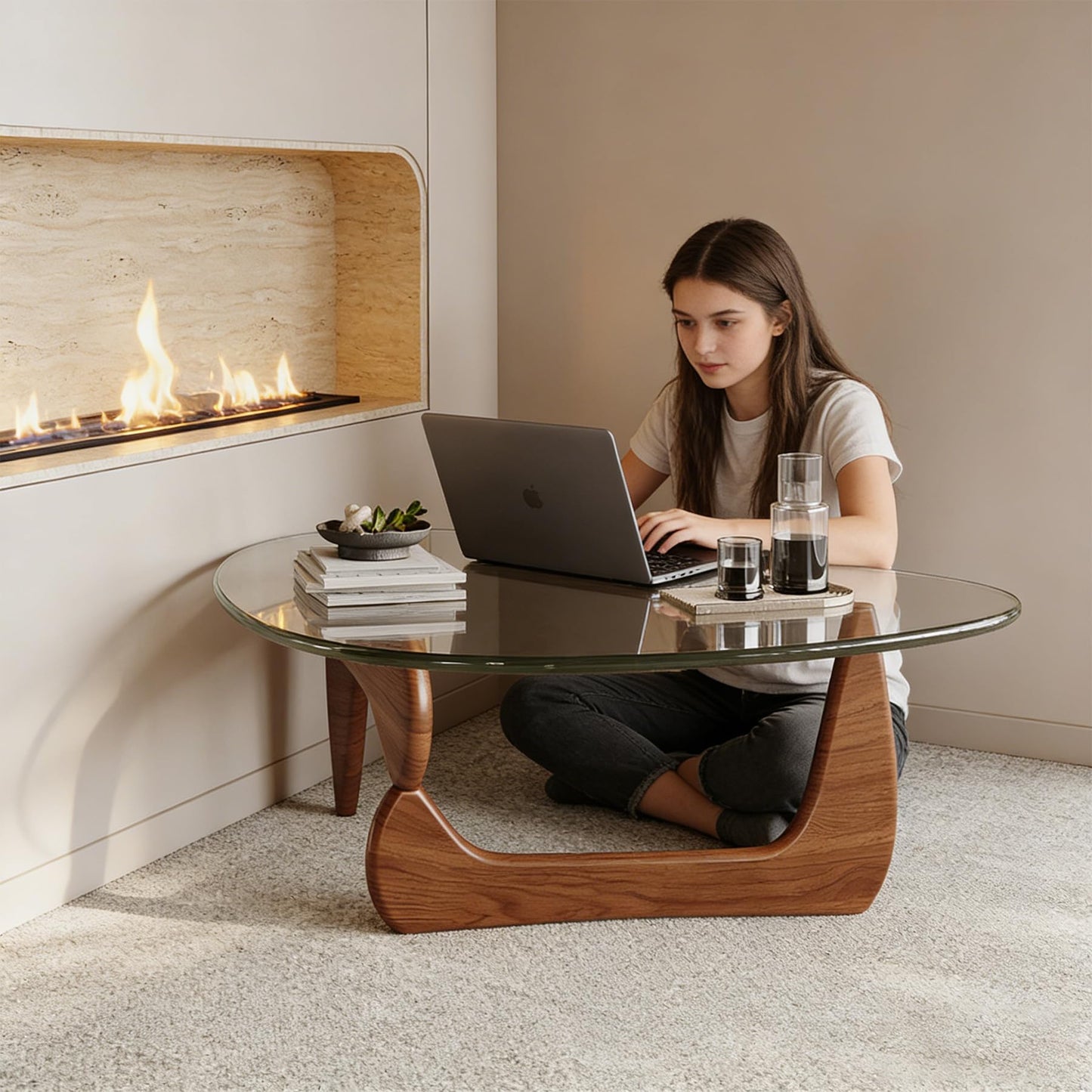 Modern Coffee Table for Living Room Retro Center Table with Wood Base & Triangle Brown Glass Top Abstract Noguchi Coffee Tables for Home Office 112