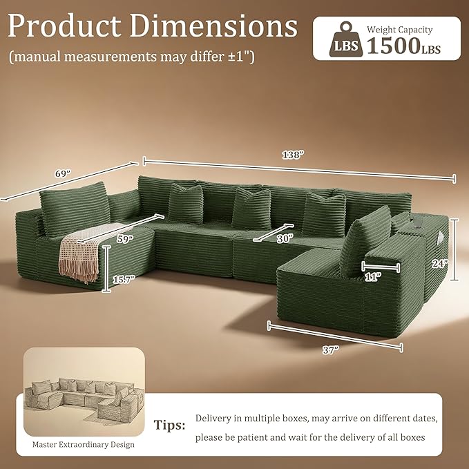 138" Cloud Sectional Couch, Comfort U Shaped Sofa