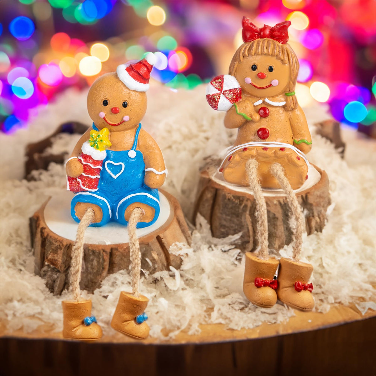 Dazzle Bright Christmas Figurines, Set of 2 Resin Gingerbread Man Sitters with Dangling Legs, Xmas Table Fireplace Shelf Sitters Decorations Sitting Figurines Ornament for Indoor Home Decor