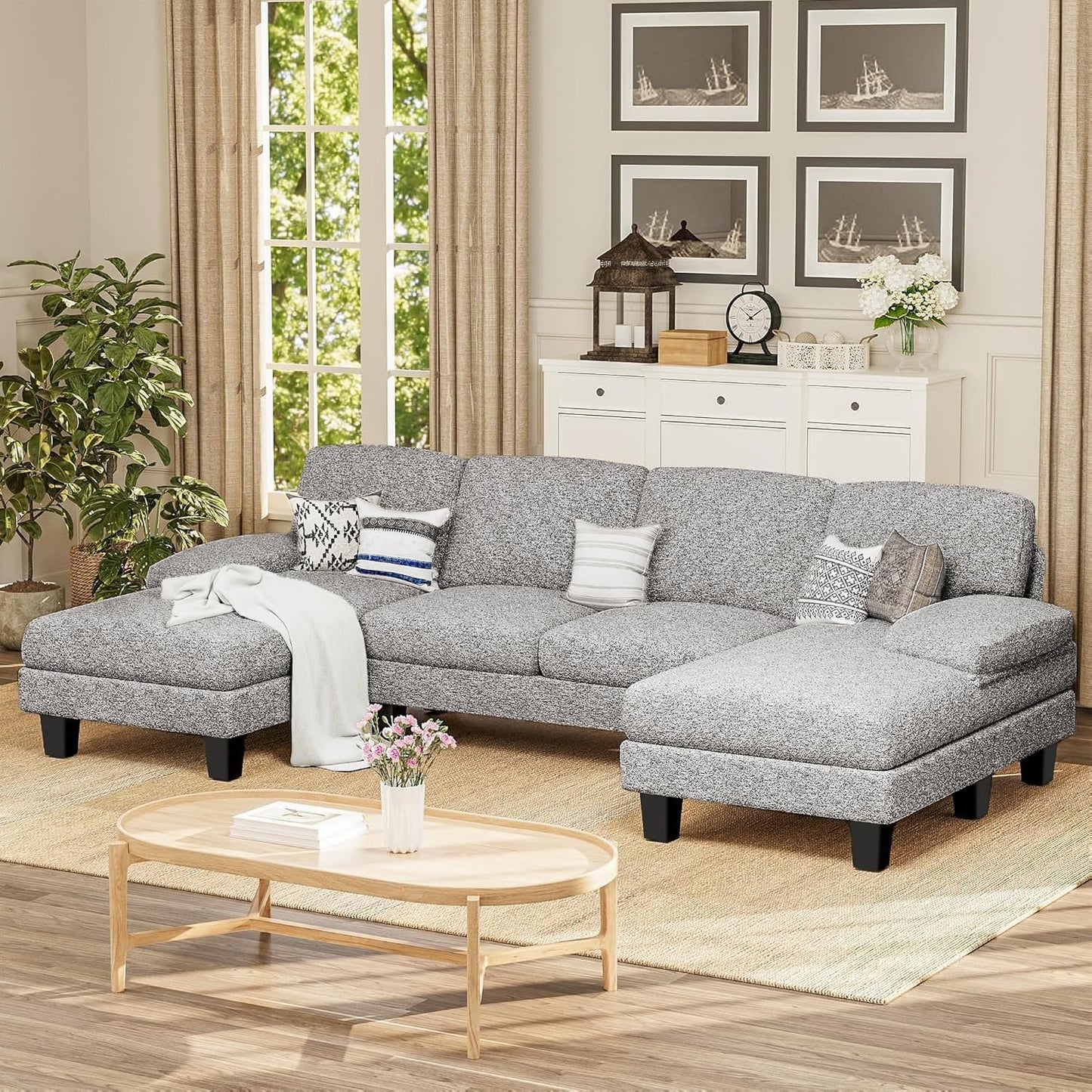 Furmax Sectional Couches for Living Room, U-Shaped Sofa Couch with Linen Fabric, 4 Seat Sofa Set with Double Chaise for Apartment (Loop Yarn, Pearl Gray)