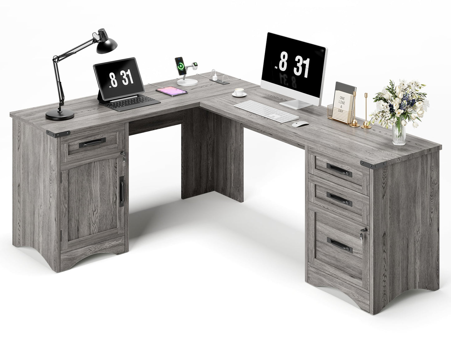 OneBlis Farmhouse 67" L Shaped Executive Desk with Drawers, Wood Home Office Corner Desk with Power Outlets, Lockable File Cabinet, Rustic Computer Writing Desk for Home Office, Grey