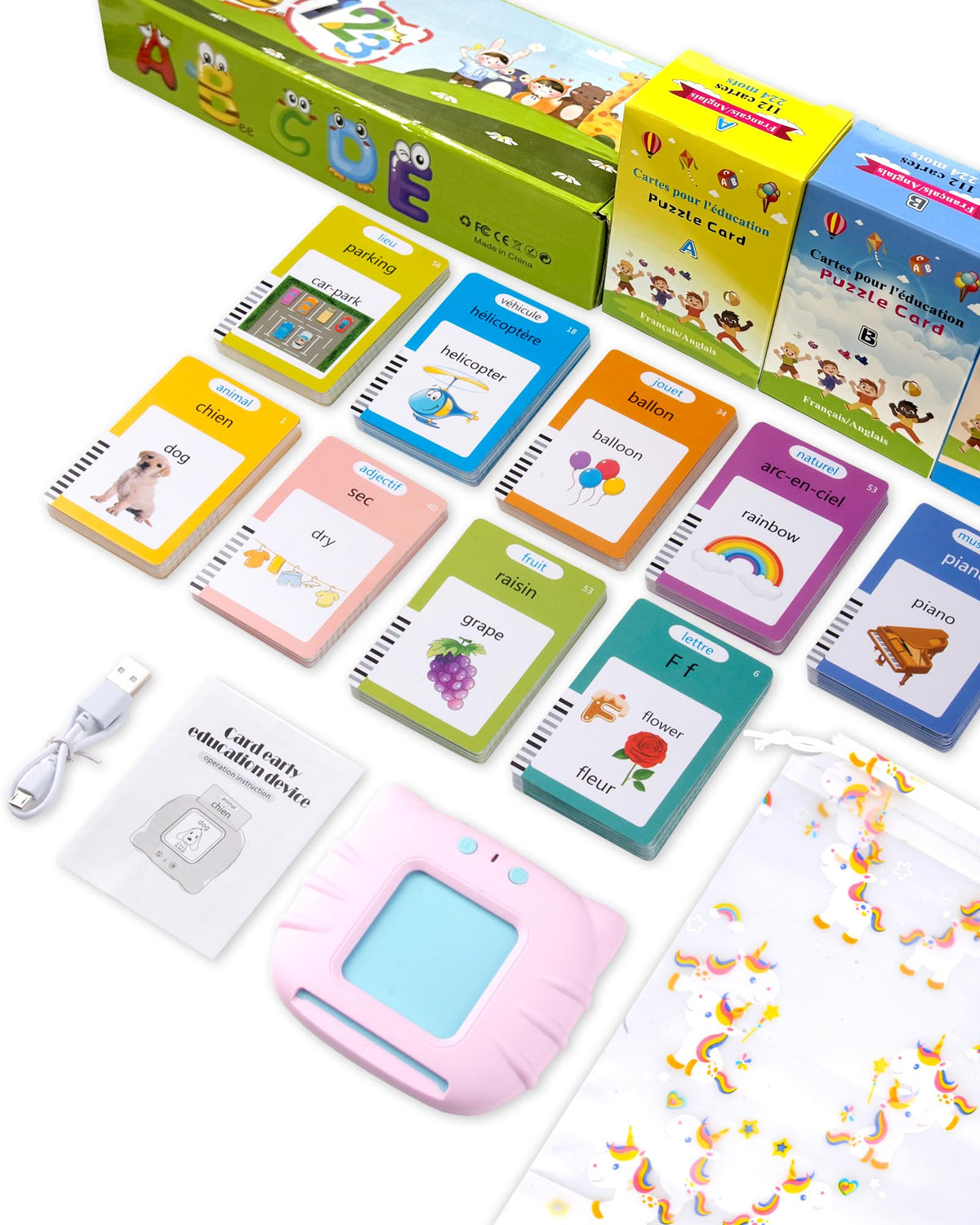 510 Words French Flash Cards for Kids, Toddler Learning Resources Toy, Autism Sensory Toys for Autistic Children Aged 2-4 Pink (French/English/Bilingual)
