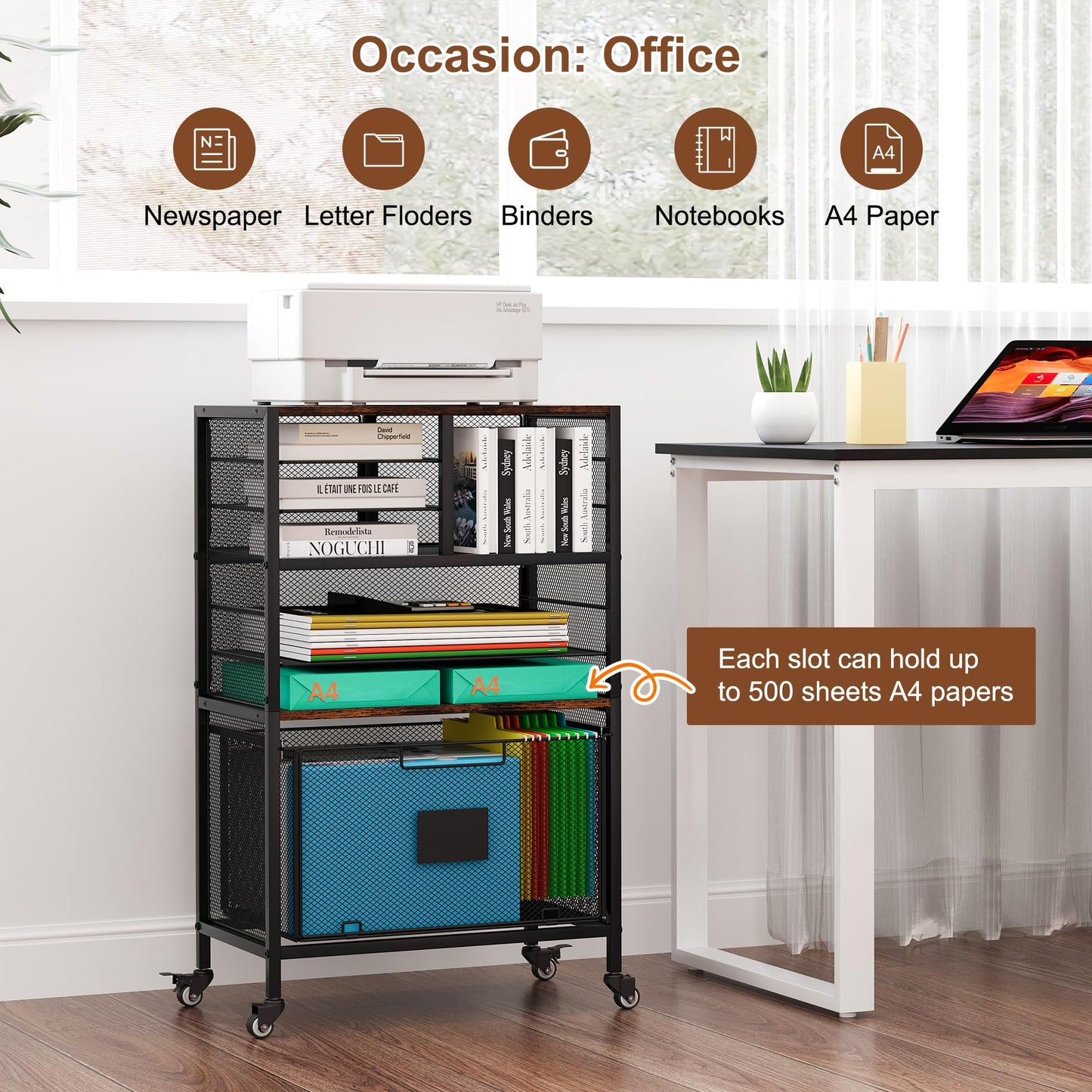 Solinxe 9 Slots Lateral File Cabinet with Drawer, Mobile Filling Cabinet with Open Storage Shelves, Hanging File Folder For Letter Size Folders, Metal Bookshelf Organizer Cart for Office Home, Black