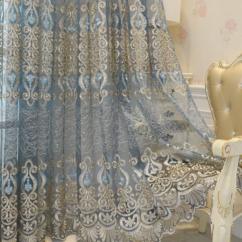 Amidoudou 1 Pair European Jacquard Sheer Curtains Embroidered Tulle Curtains Living Room Bedroom Luxury Translucent Window screening (Blue Grey,63x96 Inch)