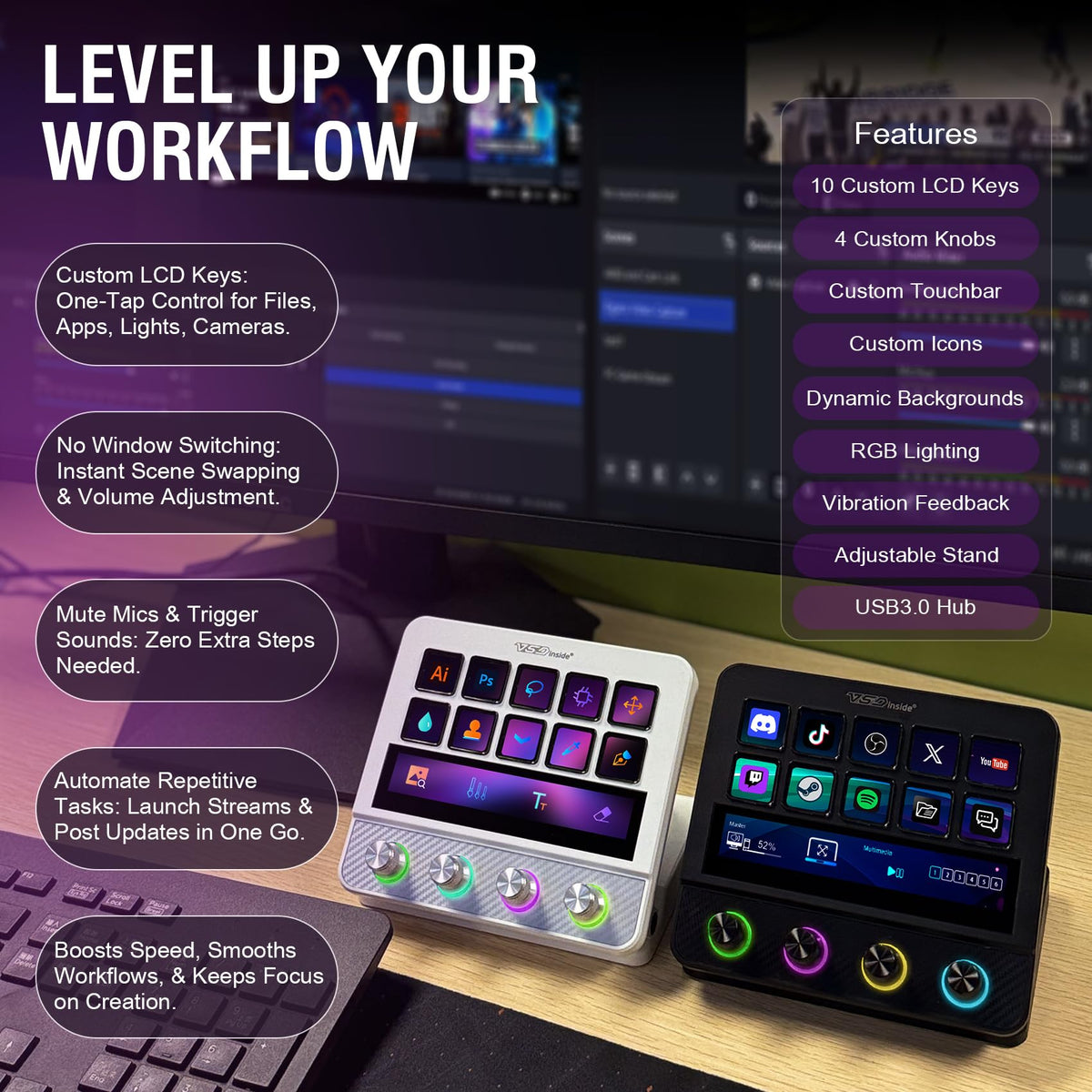 VSDINSIDE Macro Pad, Streaming Deck Stream Controller Soundboard Keypad, Programmable Keys USB Shortcut Keyboard for Gamer Streamer, Audio Mixer for OBS, YouTube, Office Desk Setup, PC, Mac