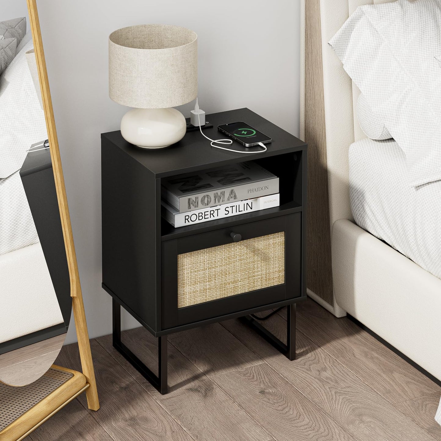 Masupu Rattan Nightstand with Charging Station,Modern Boho Farmhouse Wood Bedside Table with Storage Drawer and Open Shelf,Small Black Frame Side End Table for Bedroom,Living Room,Office (Black)