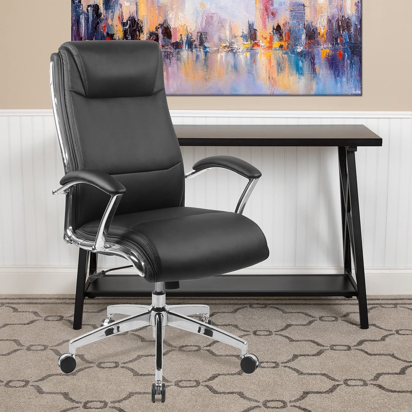 Flash Furniture Rebecca High Back Designer Black LeatherSoft Smooth Upholstered Executive Swivel Office Chair with Chrome Base and Arms