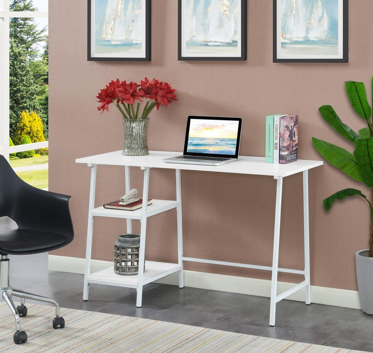 Convenience Concepts Designs2Go Trestle Wood Metal Desk, White/White