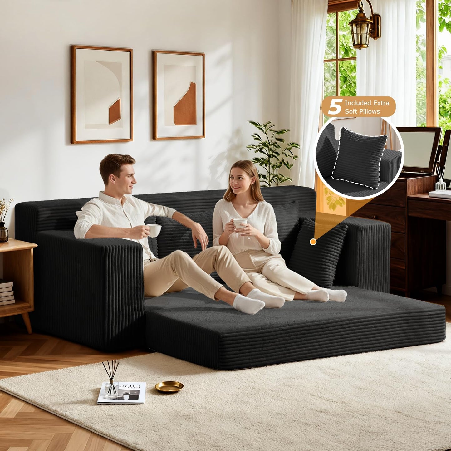 Winzoo Convertible Sofa Bed, Pull Out 3 Seater Sleeper Sofa, 70" Black Boneless Couch Fold Out Floor Couch with 5 Pillows for Living Room Bedroom Lounge Small Space