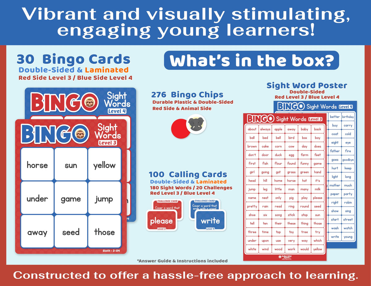 Bright Seed Sight Words Bingo Game for Kindergarten, Learn to Read Sight Word Cards, Word Games for Kids Ages 4-8, Bingo Sight Words Level 3&4, Laminated for Easy Clean
