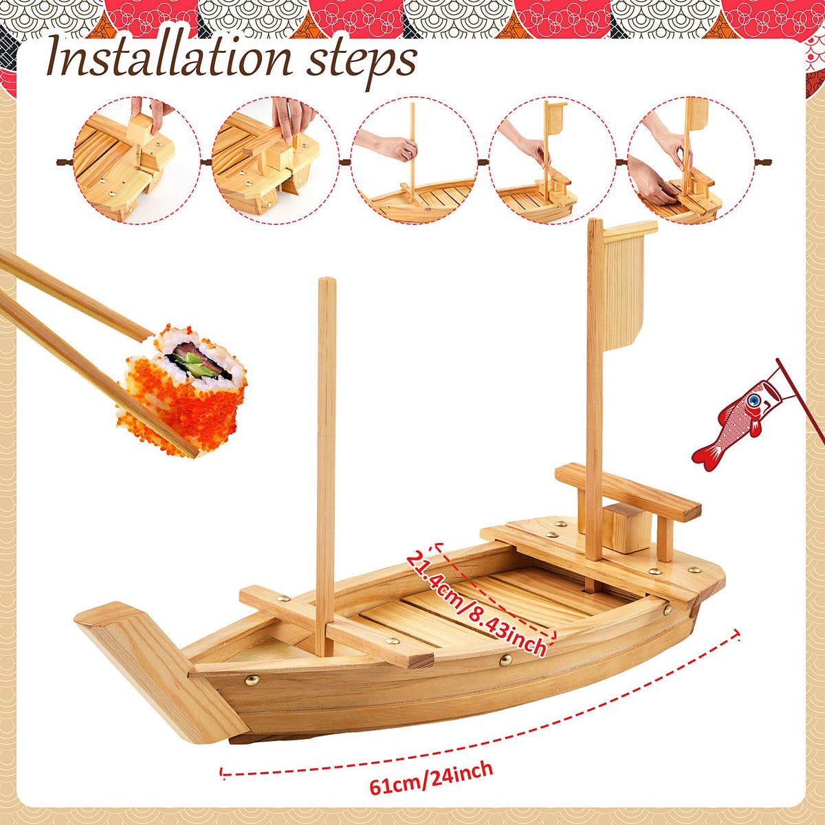 Juexica Wooden Sushi Boat Serving Tray Japanese Sushi Plate for Restaurant Sushi Tray Wood Serving Boat Plate for Food Display Home Wedding Birthday Party (Light Wood Color,24 Inch)