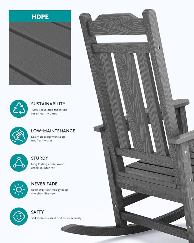SERWALL Oversized Rocking Chair Outdoor, HDPE Outdoor Rocking Chair