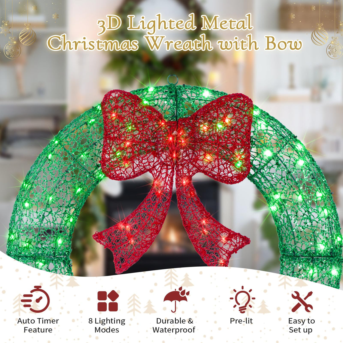 24" Pre-Lit Outdoor Christmas Wreath with 140 LED Lights and Bow, Lighted Metal Christmas Wreath Decoration with Timer Function for Xmas Home Wall Front Door Window Garage (White/Red, 24in)