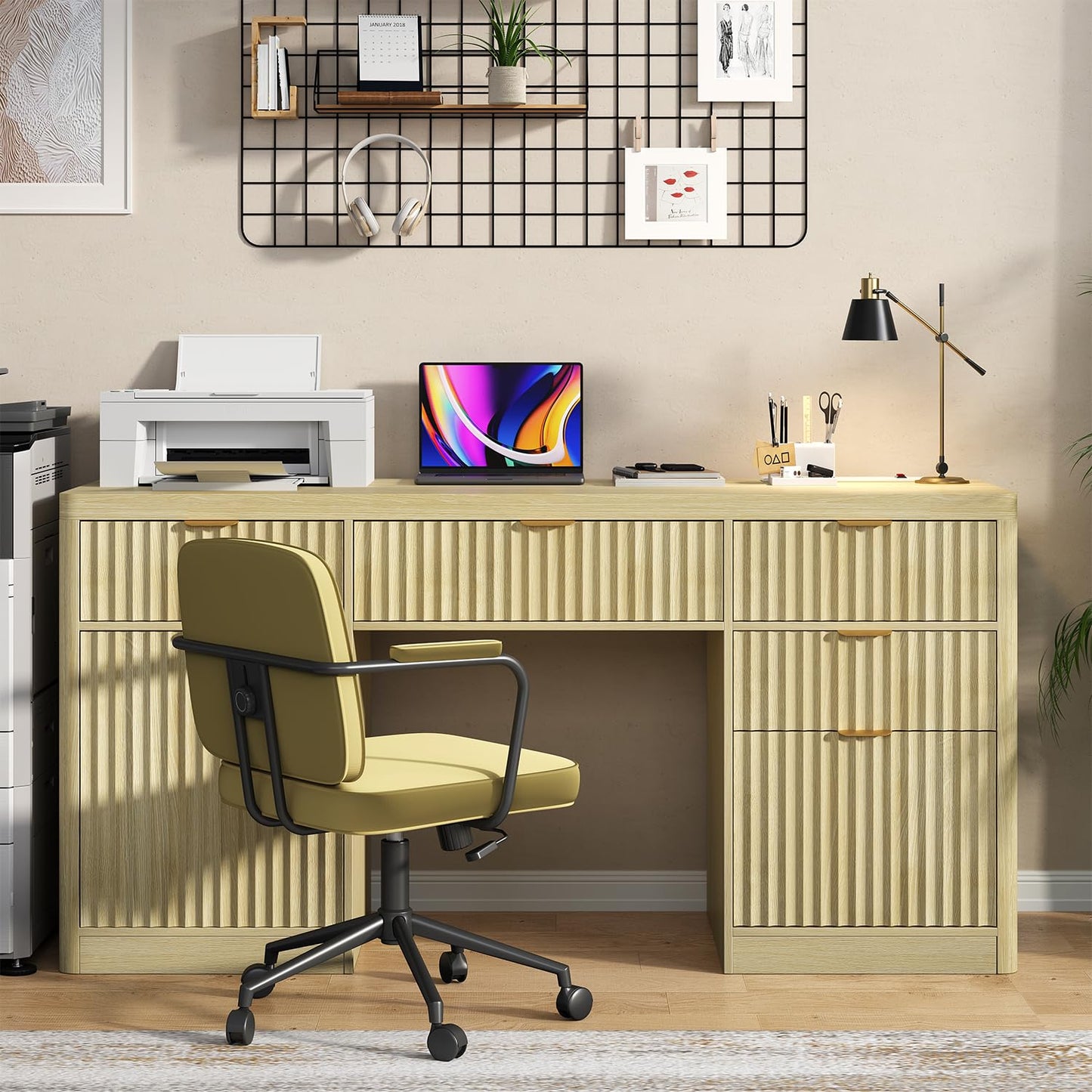 58" Fluted Executive Desk with Storage & Charging Station, Wood Modern Home Office Desk with 4 Drawers, 1 File Cabinet, 1 storage Cabinet, Computer Writing Desk for Work, Living Room, Bedroom, Natural