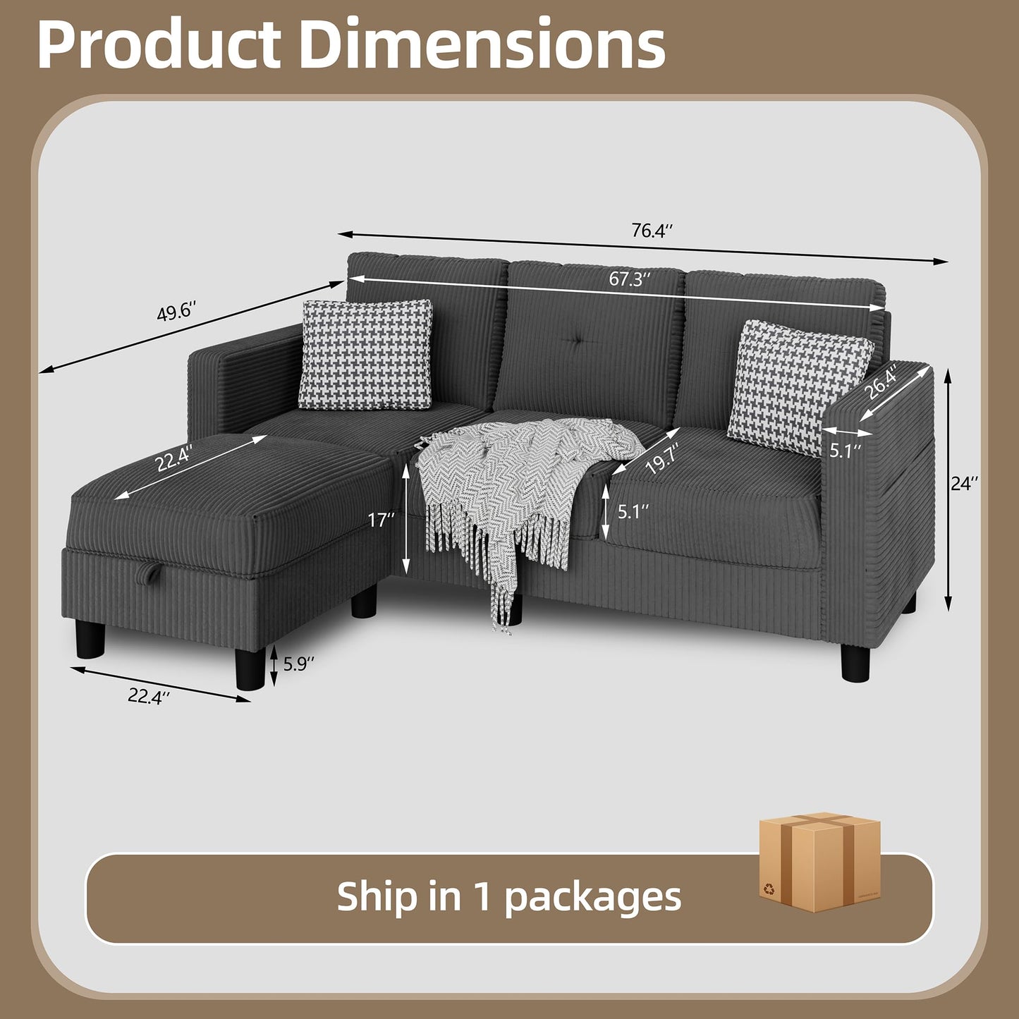 Convertible Sectional Sofa with Storage Ottoman, 77” L-Shaped 3-Seat Couch with Skin-Friendly Corduroy Fabric, Reversible Small Sectional for Small Space, Apartment, Living Room and Office(Dark Grey)
