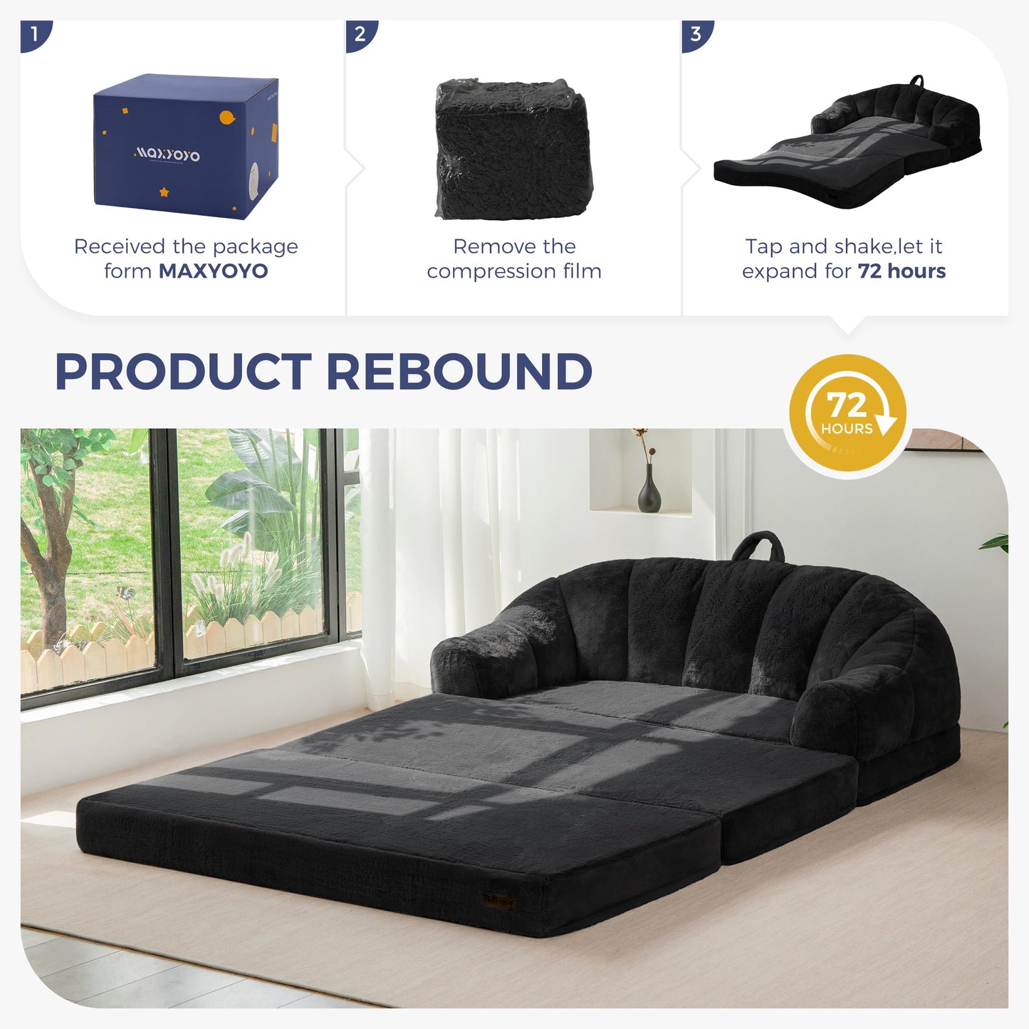 MAXYOYO Folding Sofa Bed, 2 in 1 Convertible Sofa to Lounger Comfy Loveseat Bean Bag Chair for Adults, Floor Couch with Handle, Faux Fur Couch Bed for Living Room Bedroom, Black, Loveseat