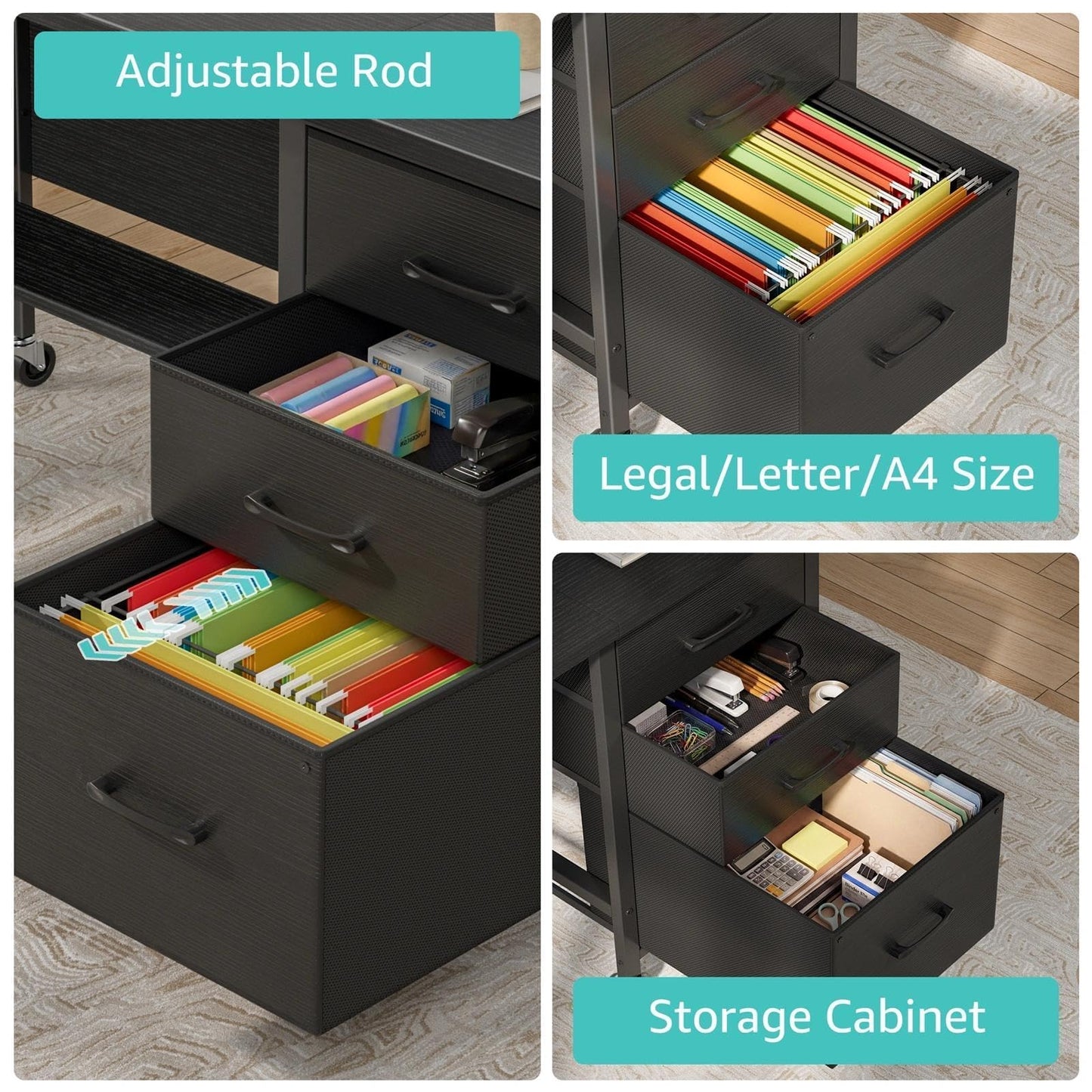 Rolling Teacher Desk with File Drawer & Privacy Panel, 47" Mobile Computer Desk with 3 Storage Drawers on Wheels, Modern Office Desks with File Cabinet for Classroom & Home Office, Black