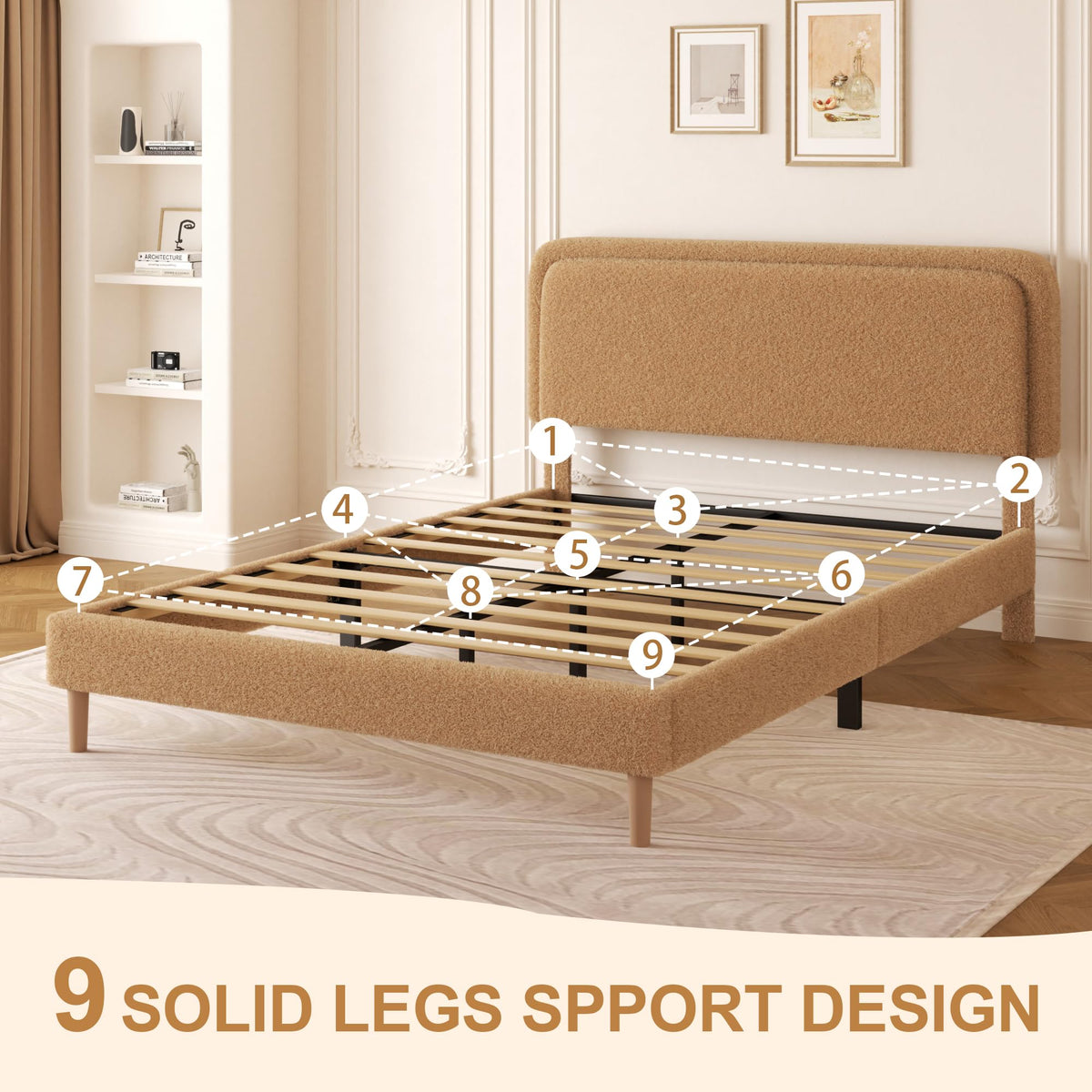 viplov Full Size Boucle Upholstered Platform Bed Frame with Adjustable Headboard, Soft Cloud Bed, No Box Spring Needed, Easy Assembly, Noise Free, Bworn
