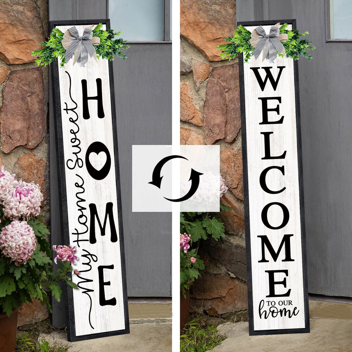 Double-sided Welcome Sign for Front Door, 45"X9" Wooden Welcome to Our Home Outdoor Welcome Signs for Porch with Magnetic-adhesive Wreath, 2in1 Vertical Tall Welcome Porch Sign, Black