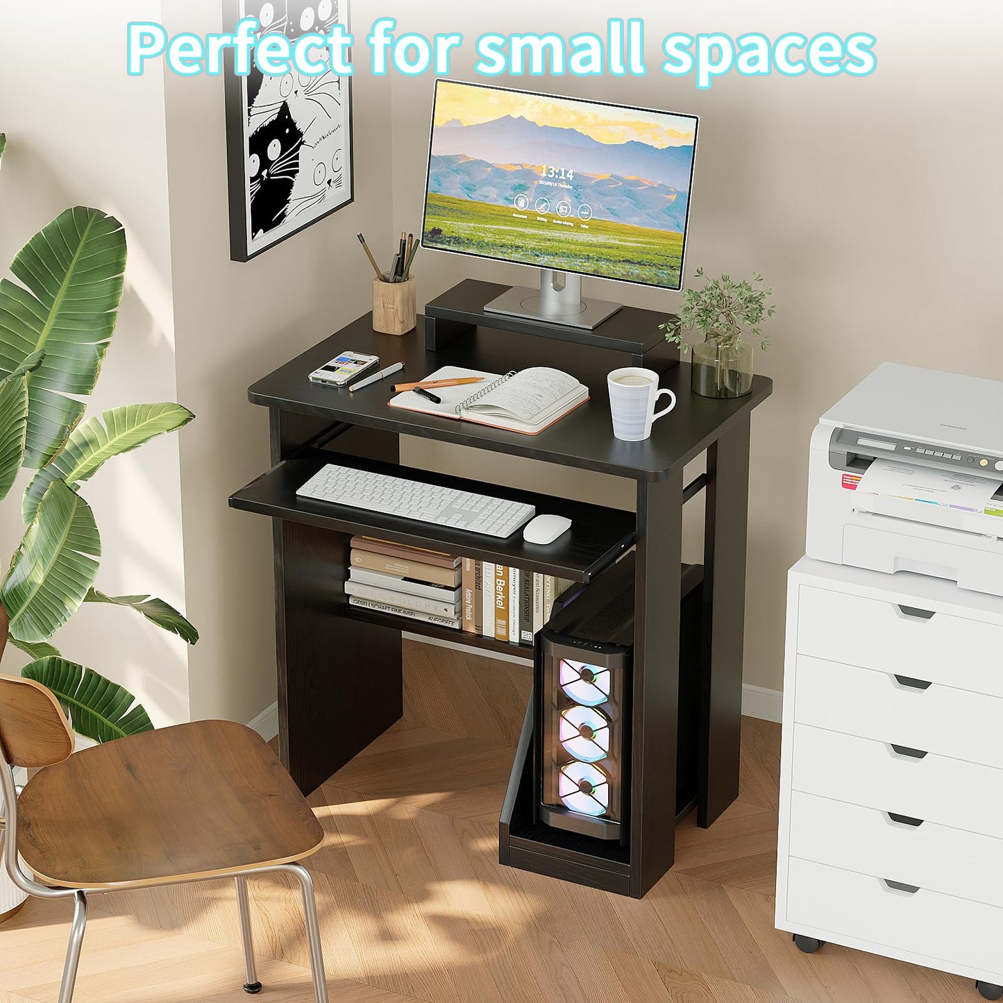 ALISENED 30" Small Computer Desk with Keyboard Tray Monitor Stand, Study Writing Desk with Storage Shelves, Modern Workstation for Small Spaces, Save Space, Black A
