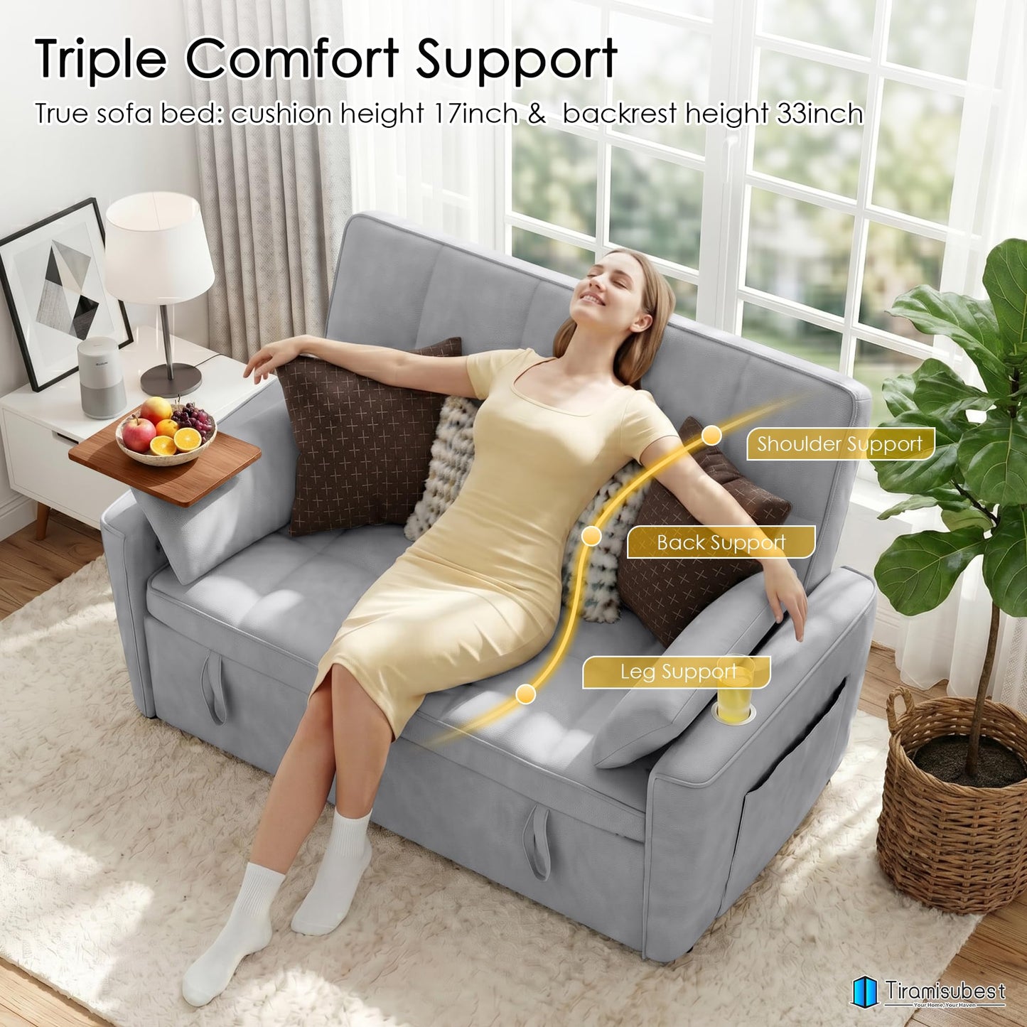 tiramisubest 54'' Sleeper Sofa Bed, Convertible Pull Out Couch Futon for for Living Room,Apartment (Midgrey) Side Desk, USB Ports, Cup Hold, Velvet Fabric, Adjustable Backrest, Easy Assembly