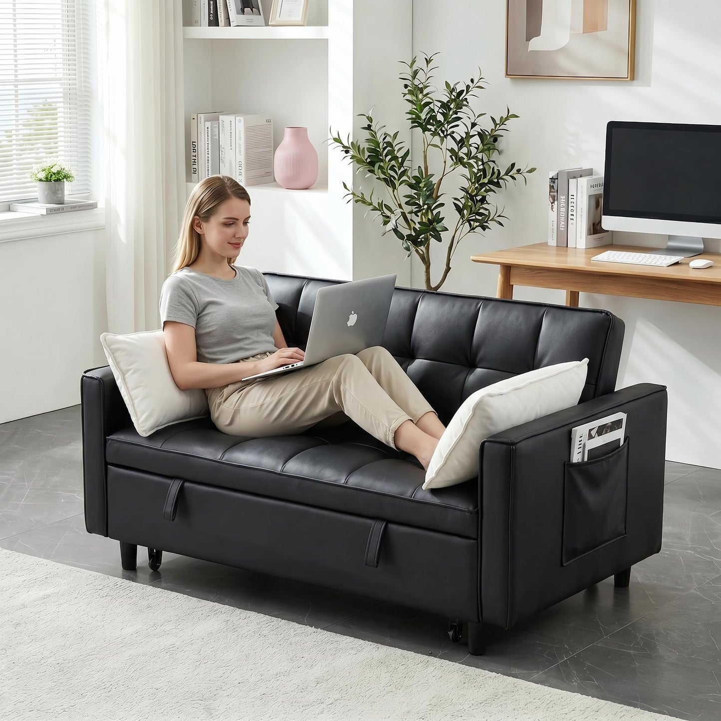 Trygoal 3 in 1 Convertible Sofa Bed, Loveseat Sleeper Sofa with Large Side Pockets, Pull Out Couch with Adjustable Backrest, Easy Assembly, PU Couch Bed for Small Spaces, Apartment, Black