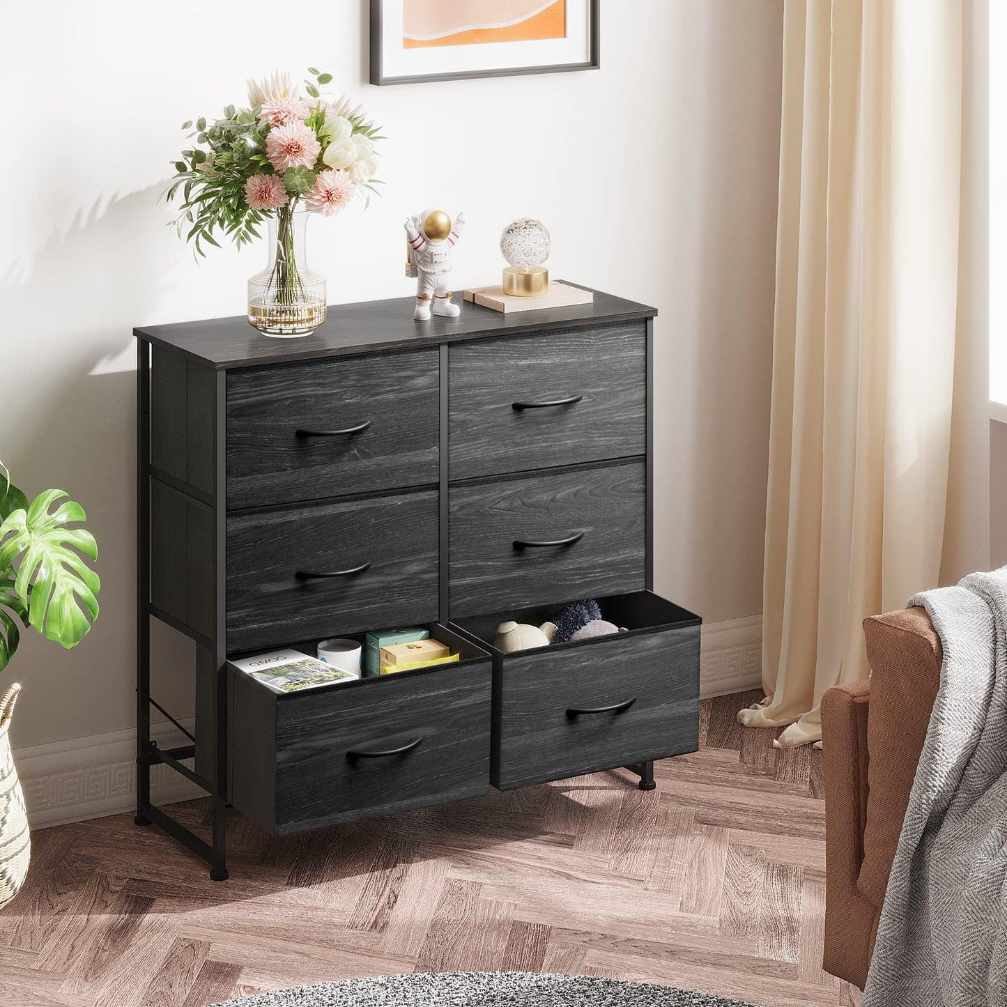 WLIVE Black Dresser for Bedroom, 6 Drawer Dresser, Storage Tower with Fabric Bins, Chest of Drawers for Closet, Living Room, Hallway