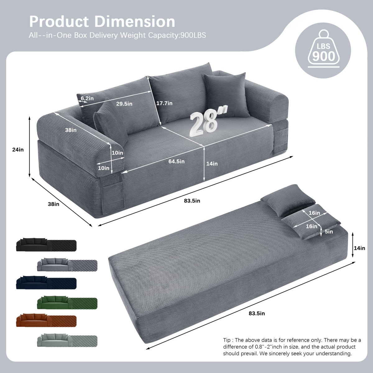 83" Modern Sofa in a Box, No Assembly Oversized 3 Seater 28" Deep Seat Cloud Sofa Bed Couch with 4 Furry Pillows & Corduroy Fabric, Boneless Couch with Side Storage Pockets for Living Room, Dark Grey