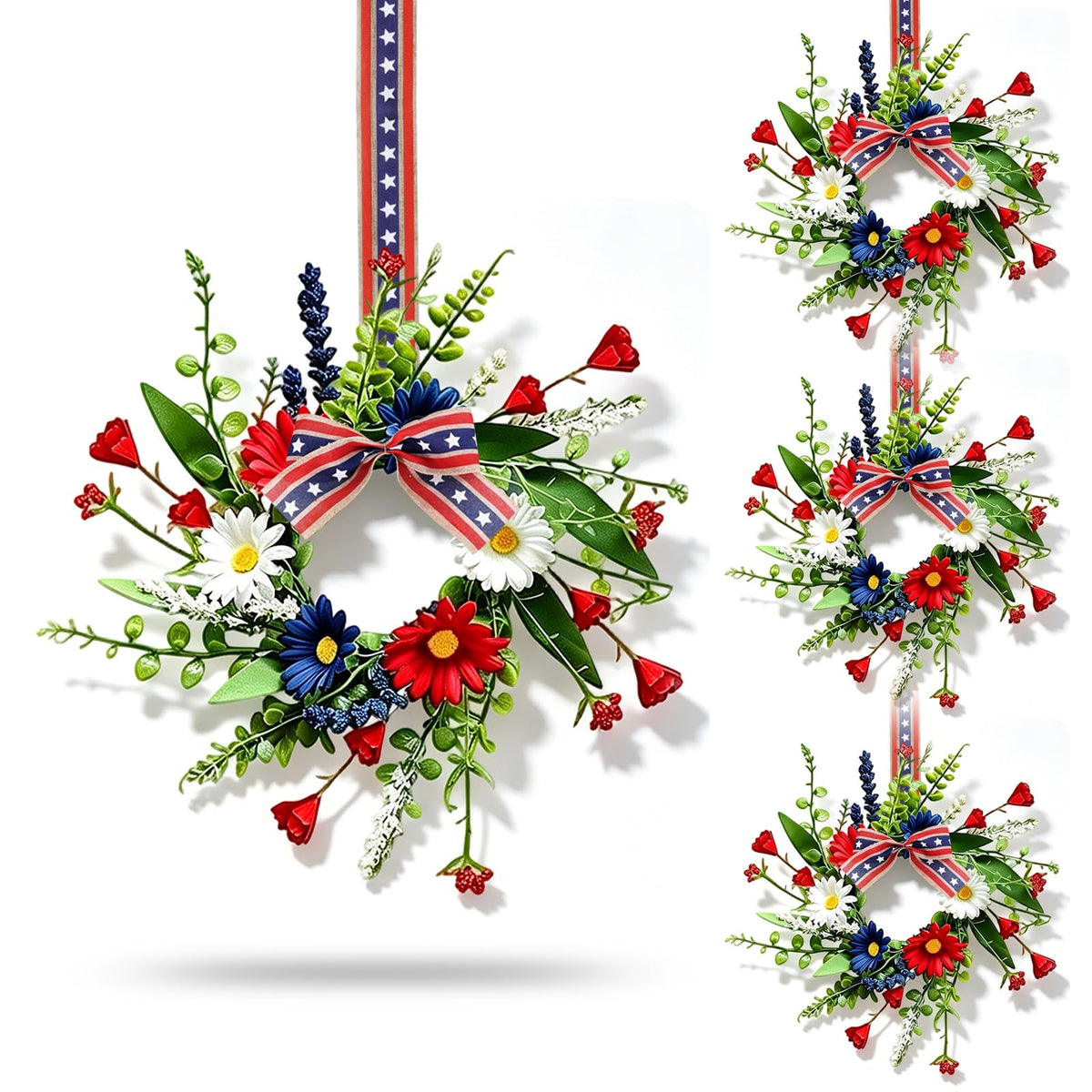 4 Pcs Mini Patriotic American Kitchen Cabinet Wreaths Small 4th of July Floral Swag Wreath for Front Door with Ribbon Daisy July Independence Day Hanging Wreath for Porch Wall Farmhouse Decor