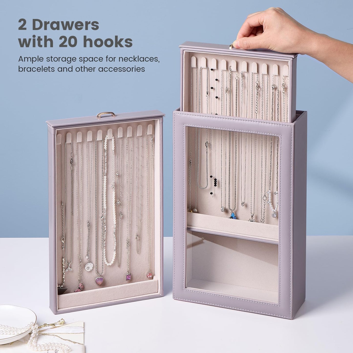 Lolalet Necklace Organizer Box, Jewelry Storage Box with Clear Window for Necklaces Bracelets, Tangle-Free Necklace Display Case for Women Girls, Dusty Purple, 2 Layers 20 Hooks