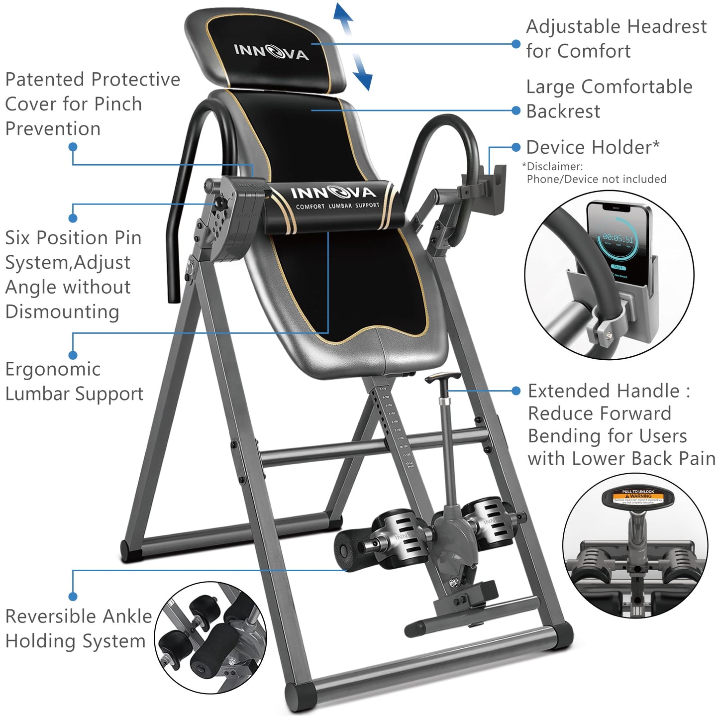 Innova Health and Fitness Inversion Table with Adjustable Headrest, Reversible Ankle Holders, and 300 lb Weight Capacity - Premium