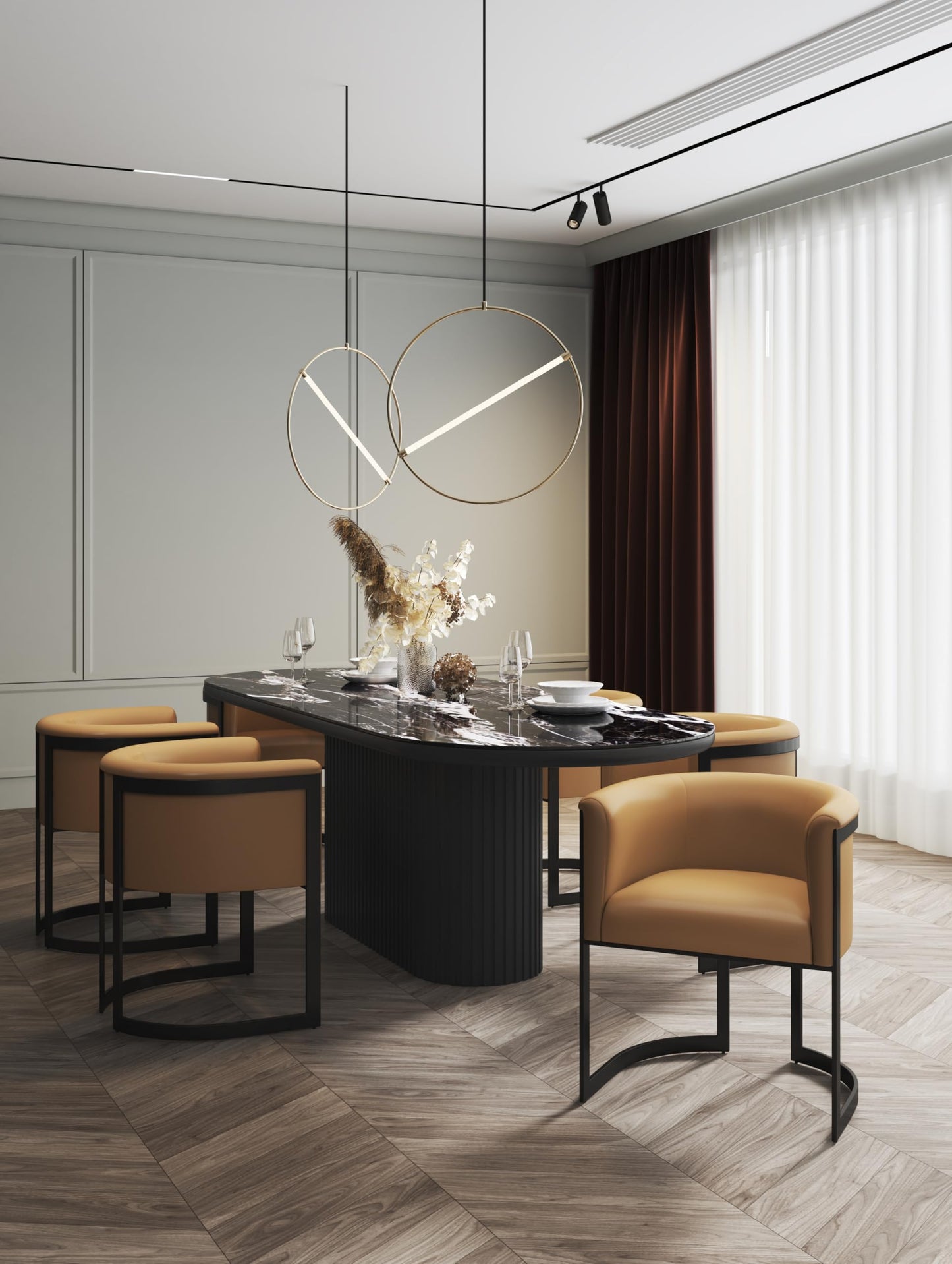 Manhattan Comfort Corso Faux Leather Upholstered Dining Chair, Barrel-Style Foam Padded Seat, Unique Geometric Metal Frame, Fully Assembled Accent Furniture, Tan