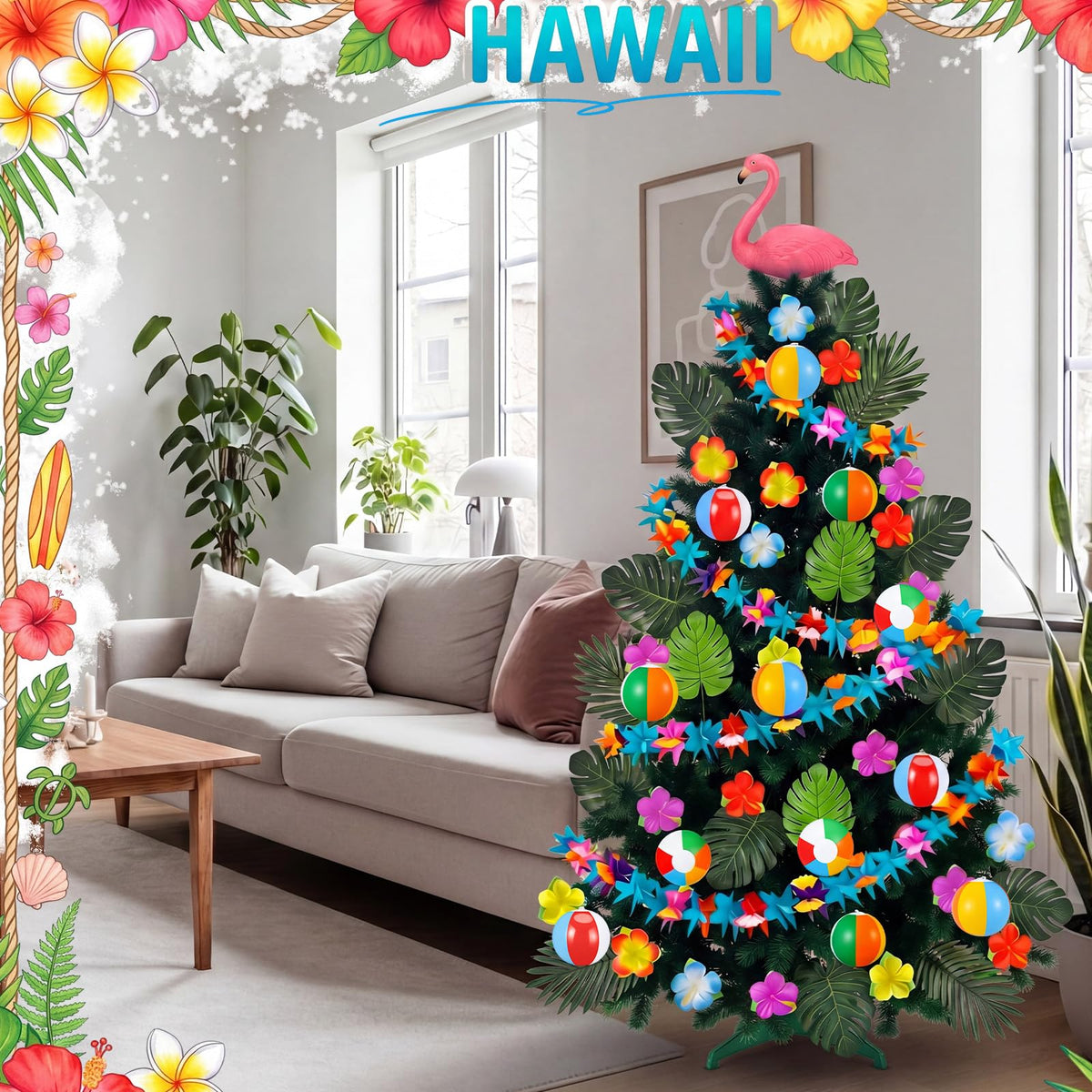 Glimin 54 Pcs Hawaiian Christmas Tree Decoration Set Tropical Flower Paper Garlands with Flamingo Tree Topper Hibiscus Flowers Palm Leaves Picks Beach Ball Ornament for Summer Hawaiian Luau Xmas Decor