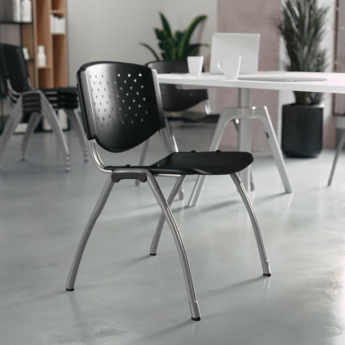 Flash Furniture HERCULES Series 880 lb. Capacity Black Plastic Stack Chair with Titanium Gray Powder Coated Frame