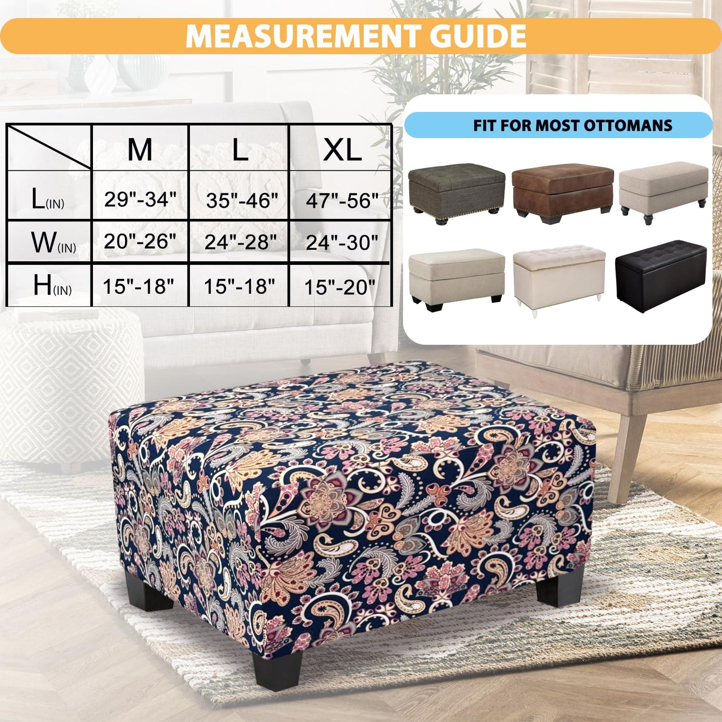 TOPHMDECOR Ottoman Cover Rectangle Printed,Stretch Footstool Slipcover with Elastic Bottom,Soft Fabric Protector for Rectangular Ottoman in Living Room or Bedroom,Medium,Flower H