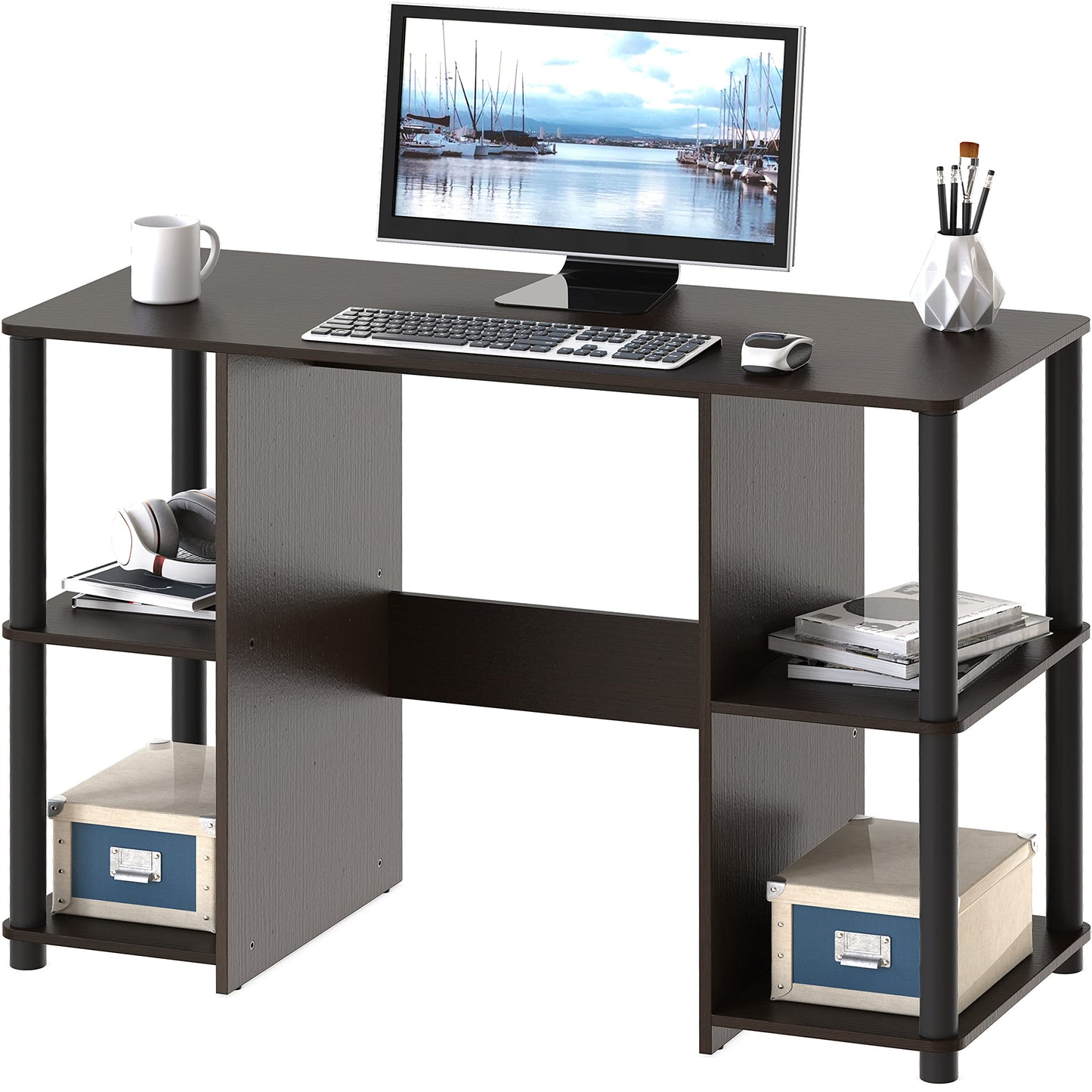 SHW 38-Inch Home Office Wood Desk with Double Sided Shelves, Espresso