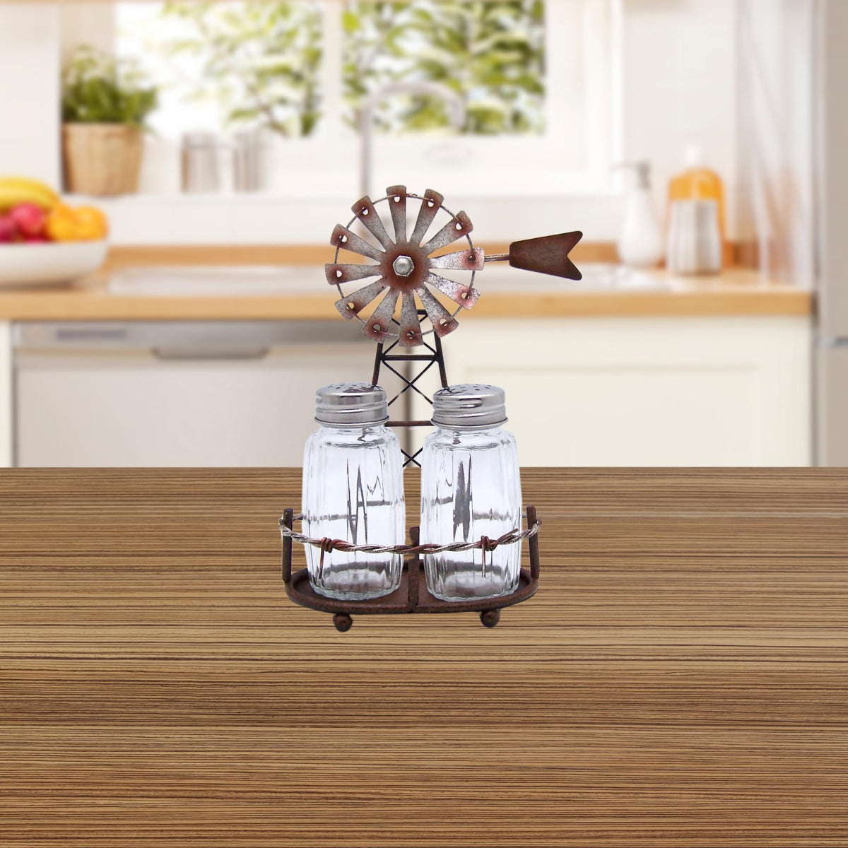Windmill Salt and Pepper Set Holder, Unique Rustic Décor, Shakers Included, 6.5 Inches