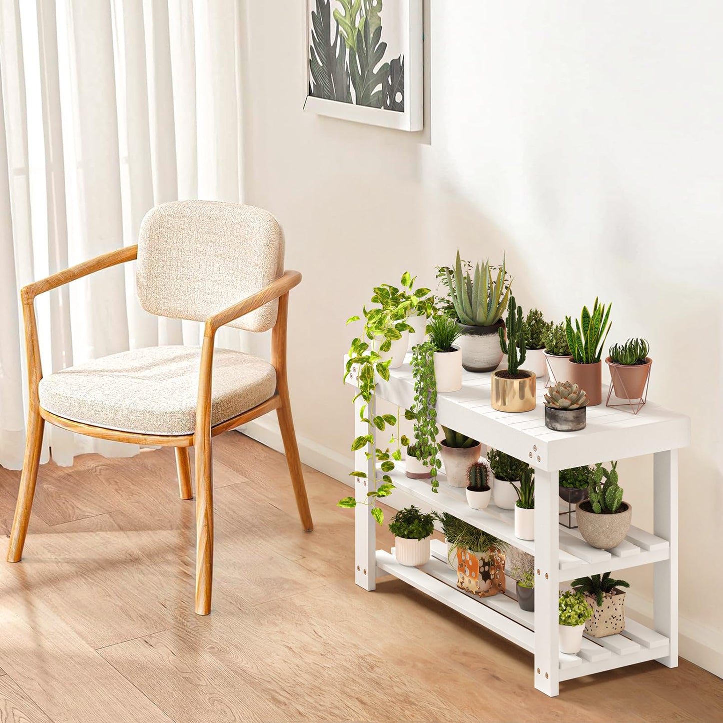 Pipishell Bamboo Shoe Rack Bench, 3-Tier Sturdy Shoe Organizer, Storage Shoe Bench, Holds up to 300lbs for Entryway Bedroom Living Room Balcony (White)